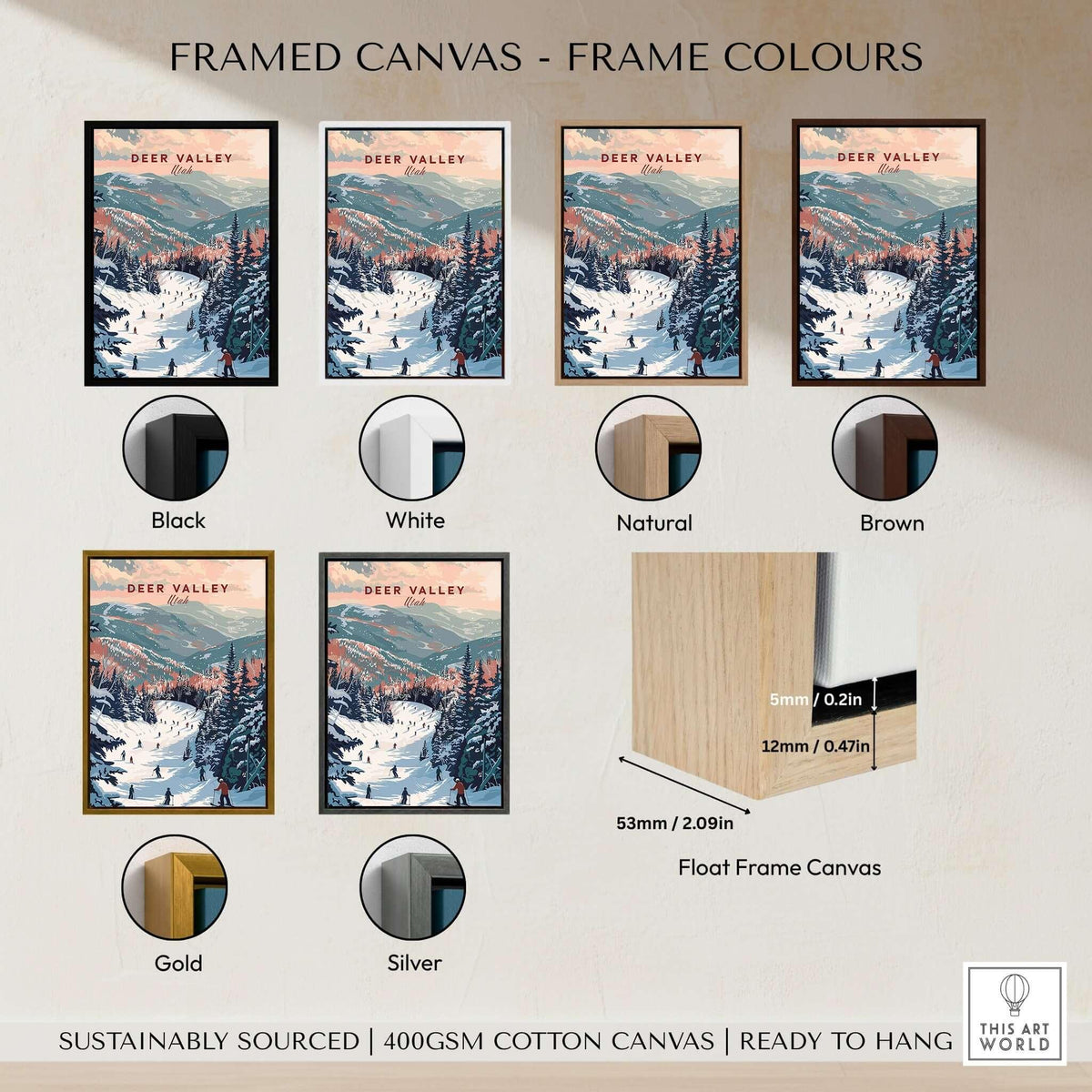 Deer Valley Ski Print - Utah framed canvas in various frame colors including black, white, natural, brown, gold, and silver.