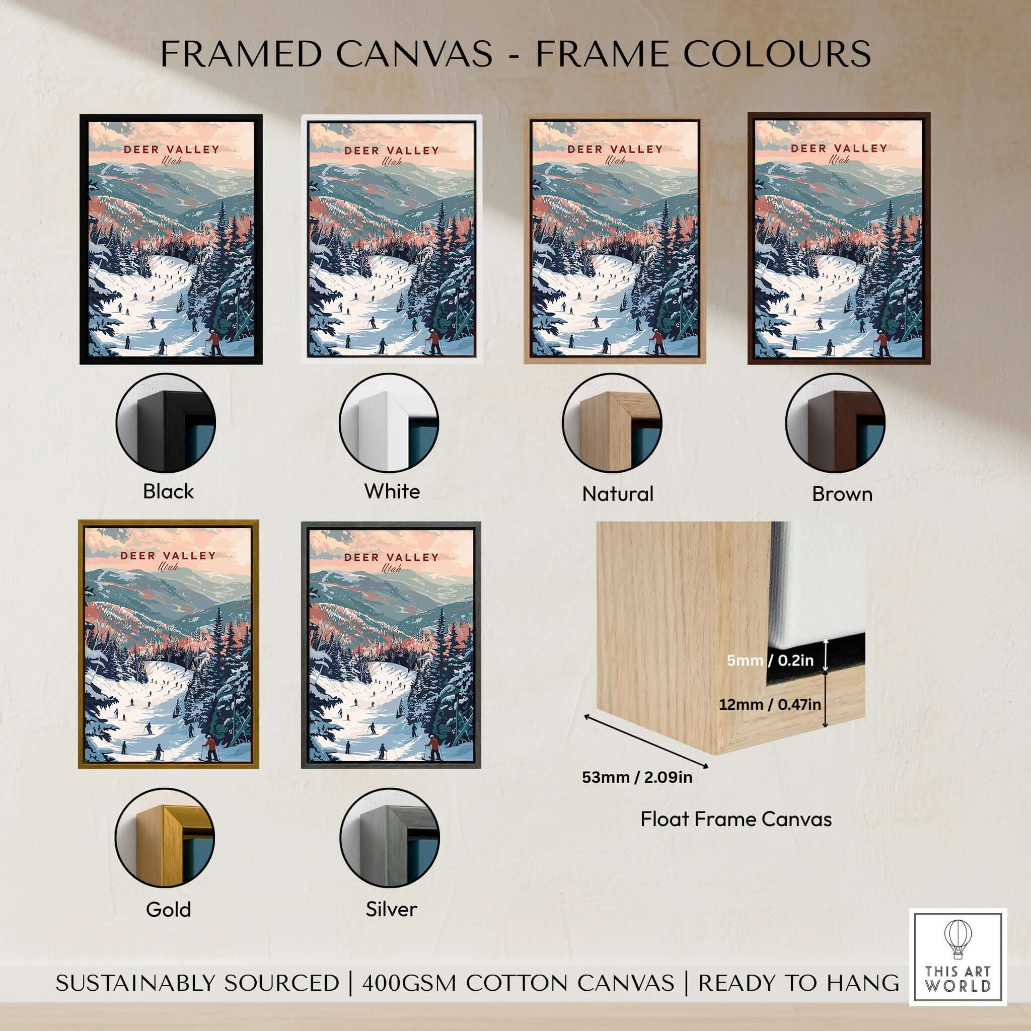 Deer Valley Ski Print - Utah framed canvas in various frame colors including black, white, natural, brown, gold, and silver.