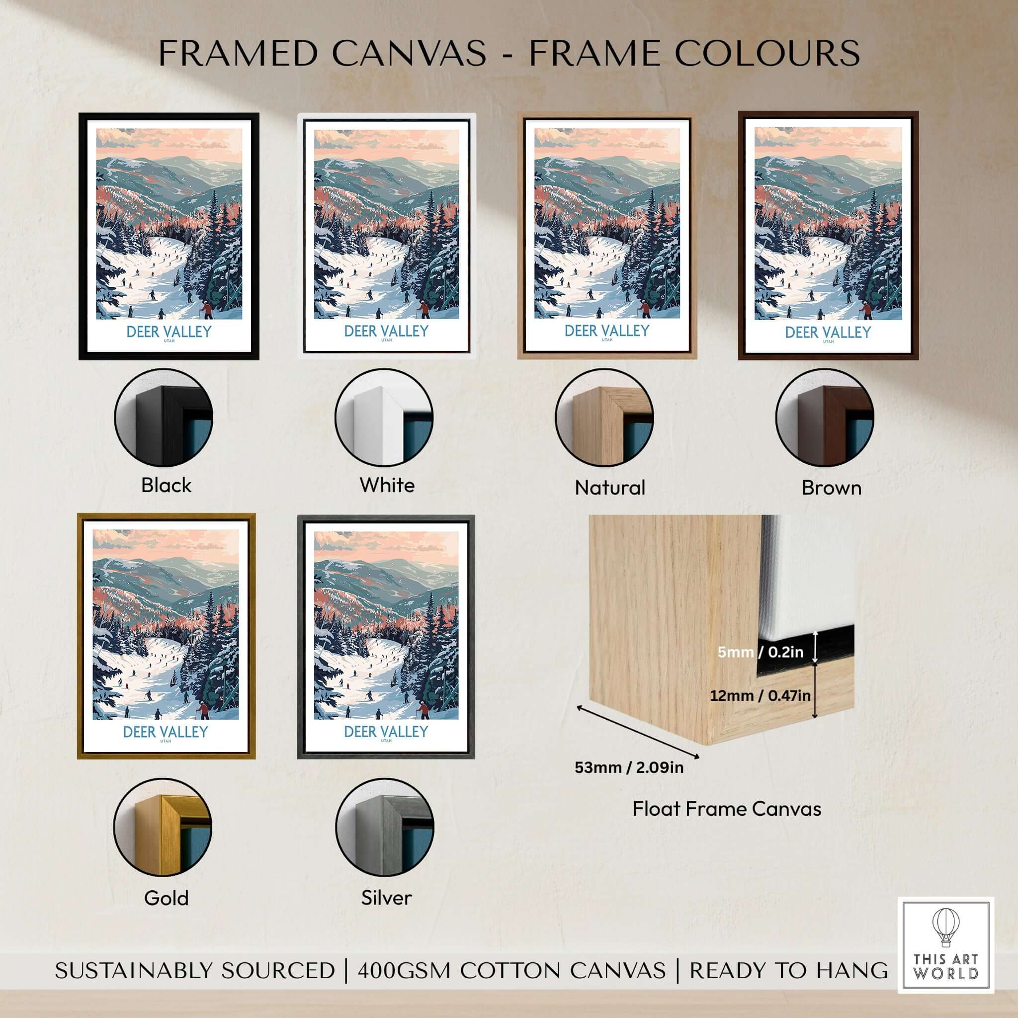 Deer Valley Travel Poster - Utah framed canvas options in different colors including black, white, natural, brown, gold, and silver.