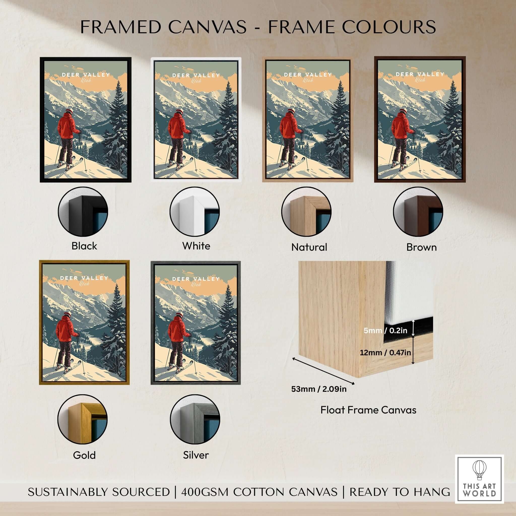 Framed Deer Valley Print Utah showcasing various frame colors including black, white, natural, brown, gold, and silver.