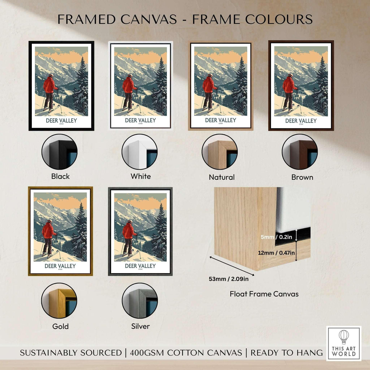 Deer Valley Poster Utah framed canvas options in various colors including Black, White, Natural, Brown, Gold, and Silver.