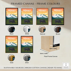 Denali National Park framed canvas wall art in six frame color options: black, white, natural, brown, gold, silver.