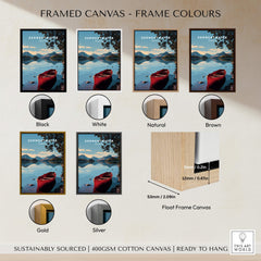 Framed options for Derwentwater Travel Poster – Lake District Art Print in various colors including black, white, natural, brown, gold, silver.