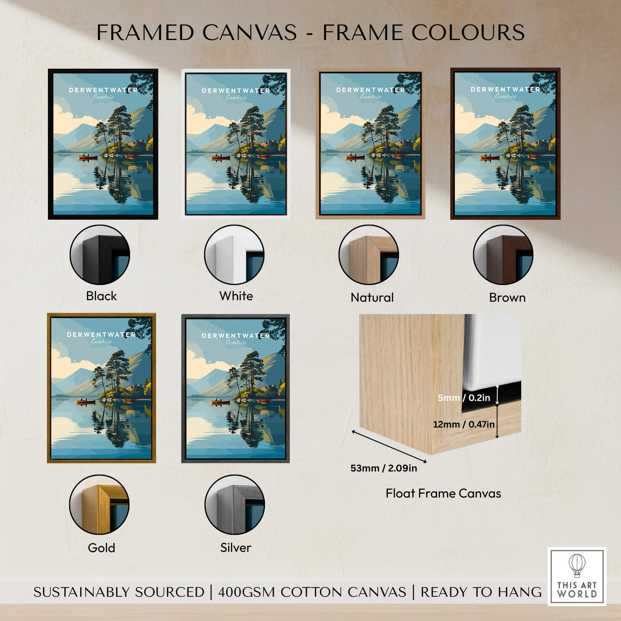 Framed canvas in different colors showcasing Derwentwater Print – Lake District Sunset Poster options.