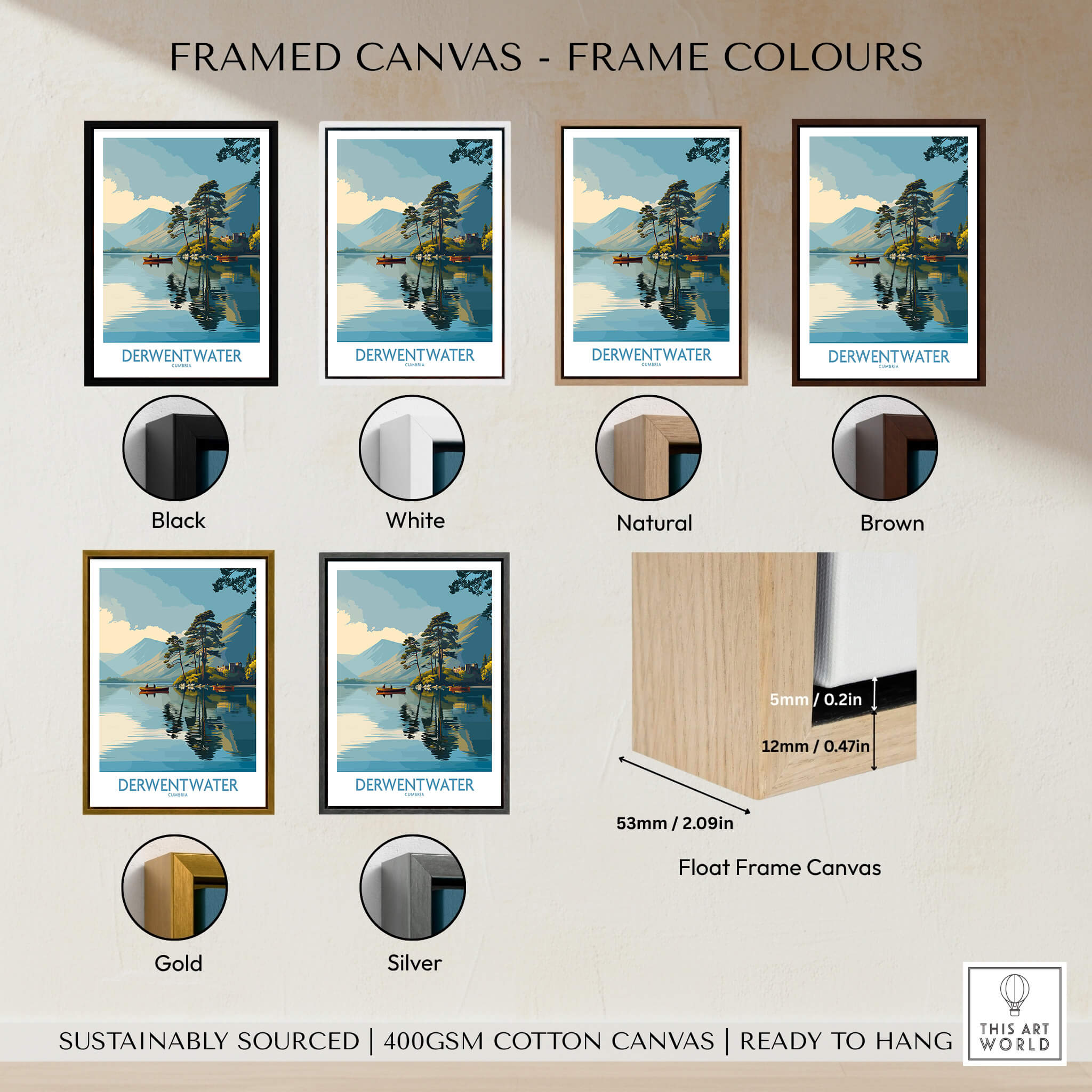 Framed canvas print options for Derwentwater Cumbria Wall Art – Canvas Print showcasing different frame colors.