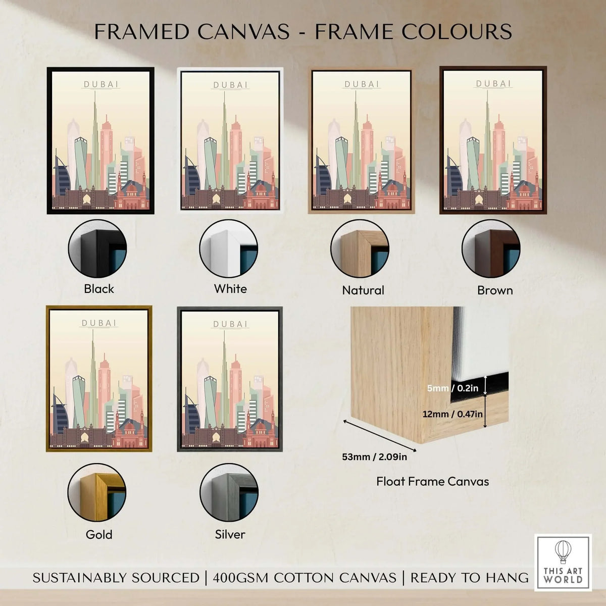 Dubai Wall Art | City Skyline Print framed in various colors including black, white, natural, brown, gold, and silver.