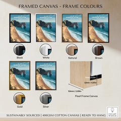 Durdle Door Poster – Jurassic Coast Wall Art variations with different frame colors including black, white, natural, brown, gold, and silver.