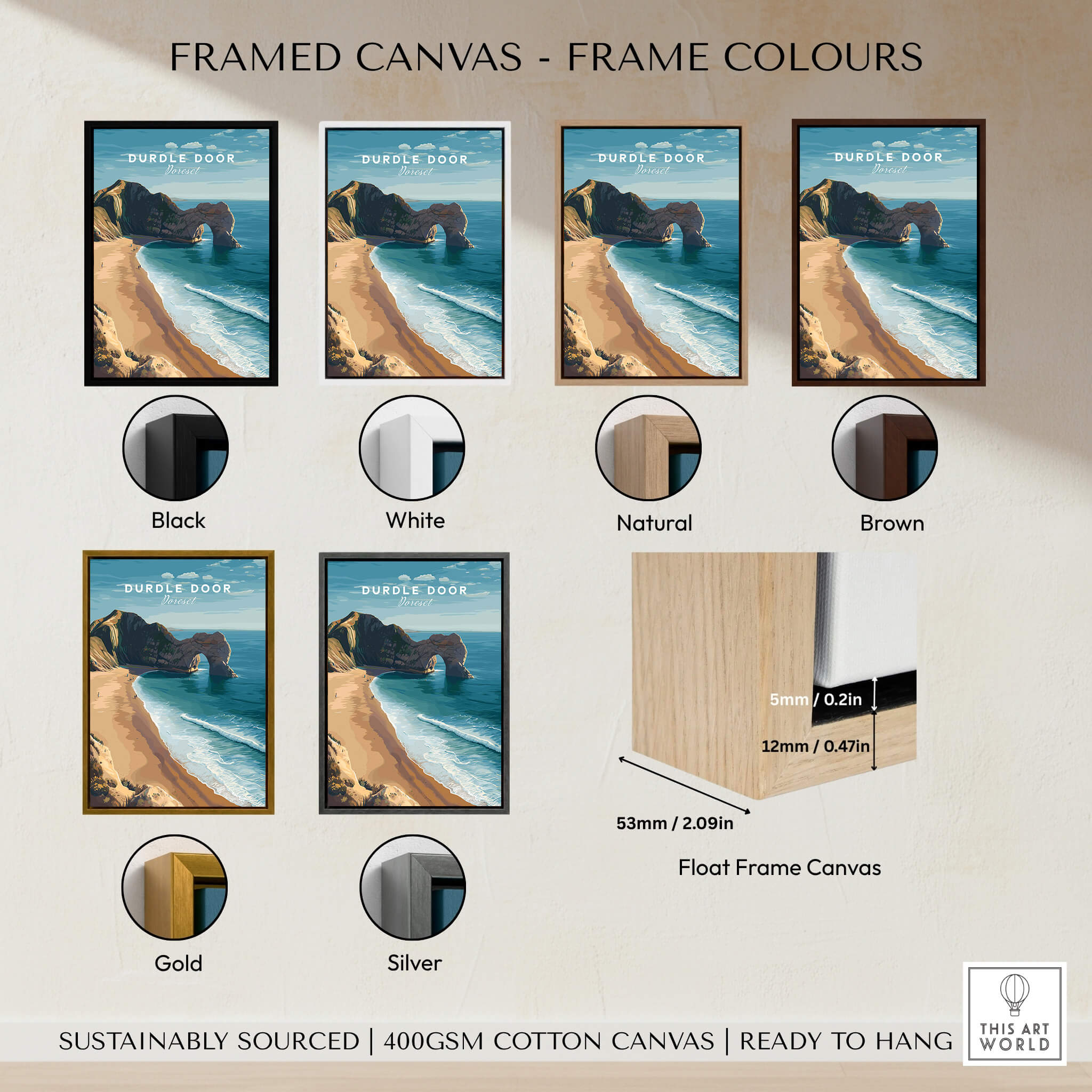 Durdle Door Poster – Jurassic Coast Wall Art variations with different frame colors including black, white, natural, brown, gold, and silver.