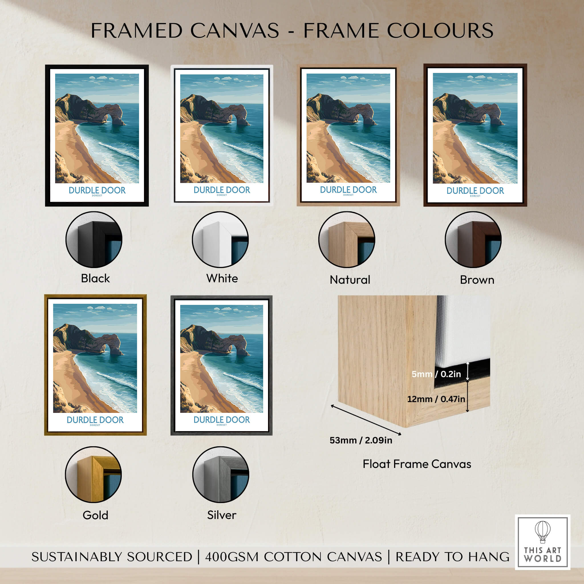 Durdle Door Art Print Dorset Wall Art displayed in various frame colors including black, white, natural, brown, gold, and silver.