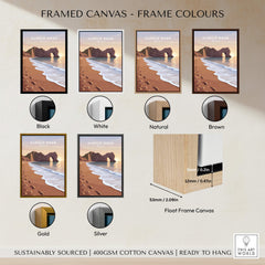 Durdle Door Travel Poster – Jurassic Coast Sunset Art framed color options black, white, natural, brown, gold, silver