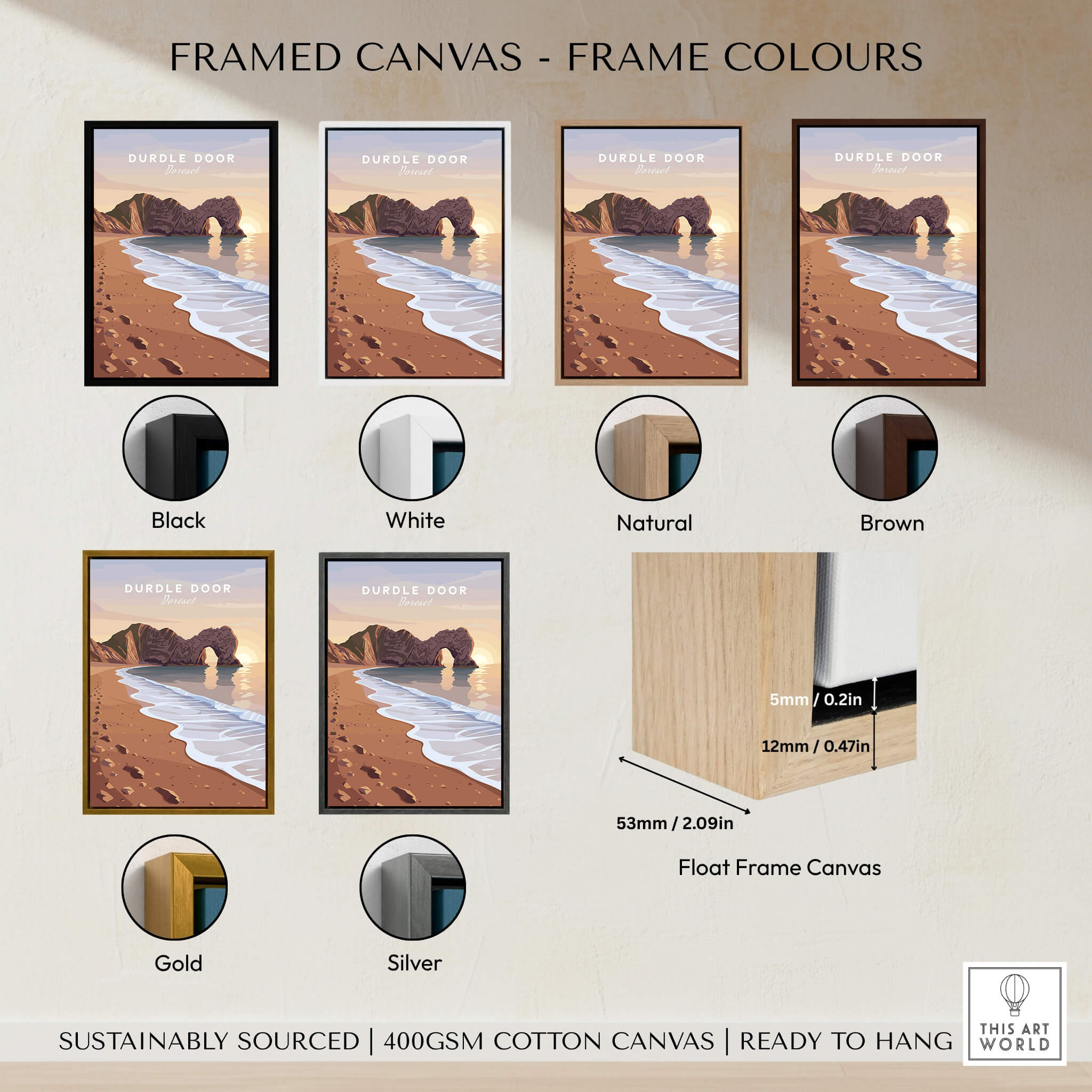 Durdle Door Travel Poster – Jurassic Coast Sunset Art framed color options black, white, natural, brown, gold, silver