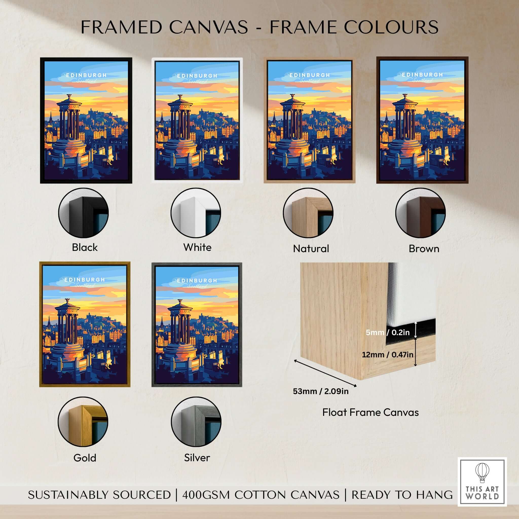 Edinburgh Travel Print options in various frame colors including black, white, natural, brown, gold, and silver.