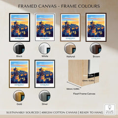 Framed canvas options displaying the Edinburgh Travel Poster in various frame colors including black, white, natural, brown, gold, and silver.