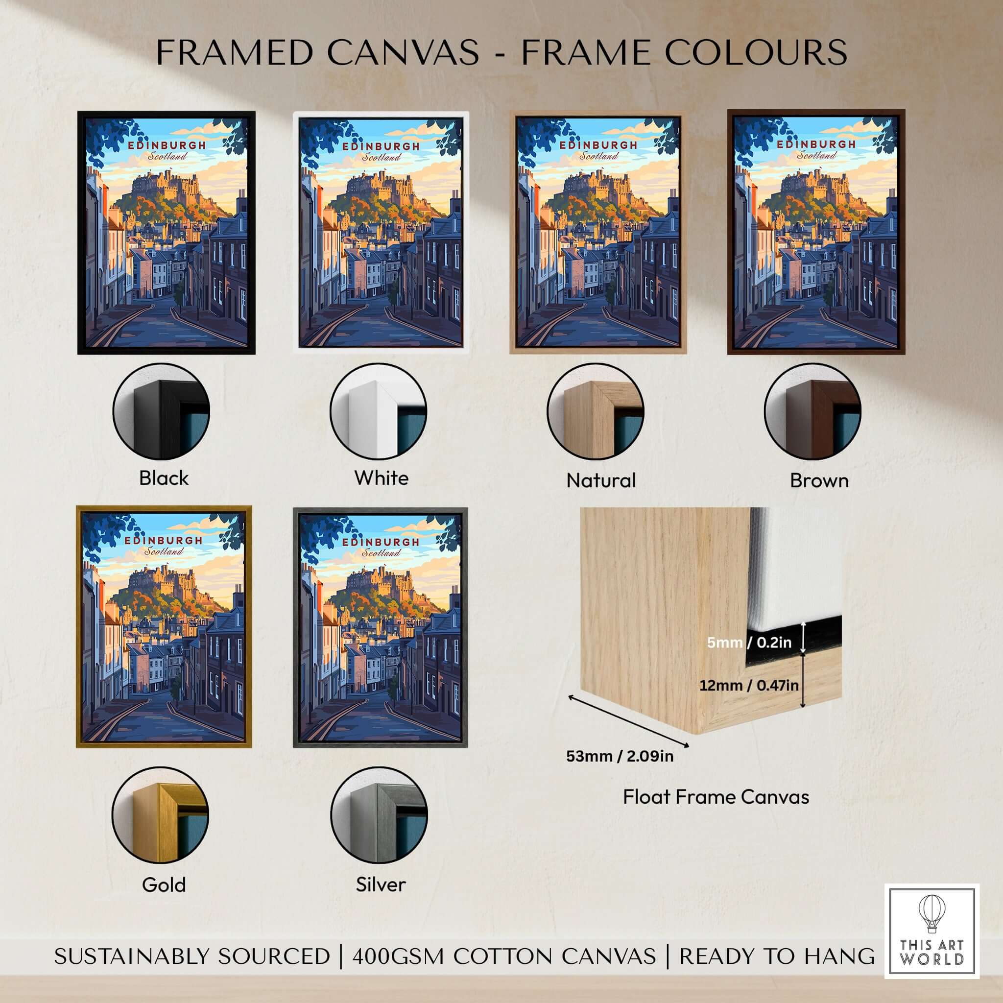 Edinburgh Wall Art framed canvas options including black, white, natural, brown, gold, and silver frames.
