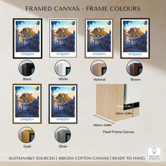 Framed Edinburgh Wall Art Print available in black, white, natural, brown, gold, and silver frame options.