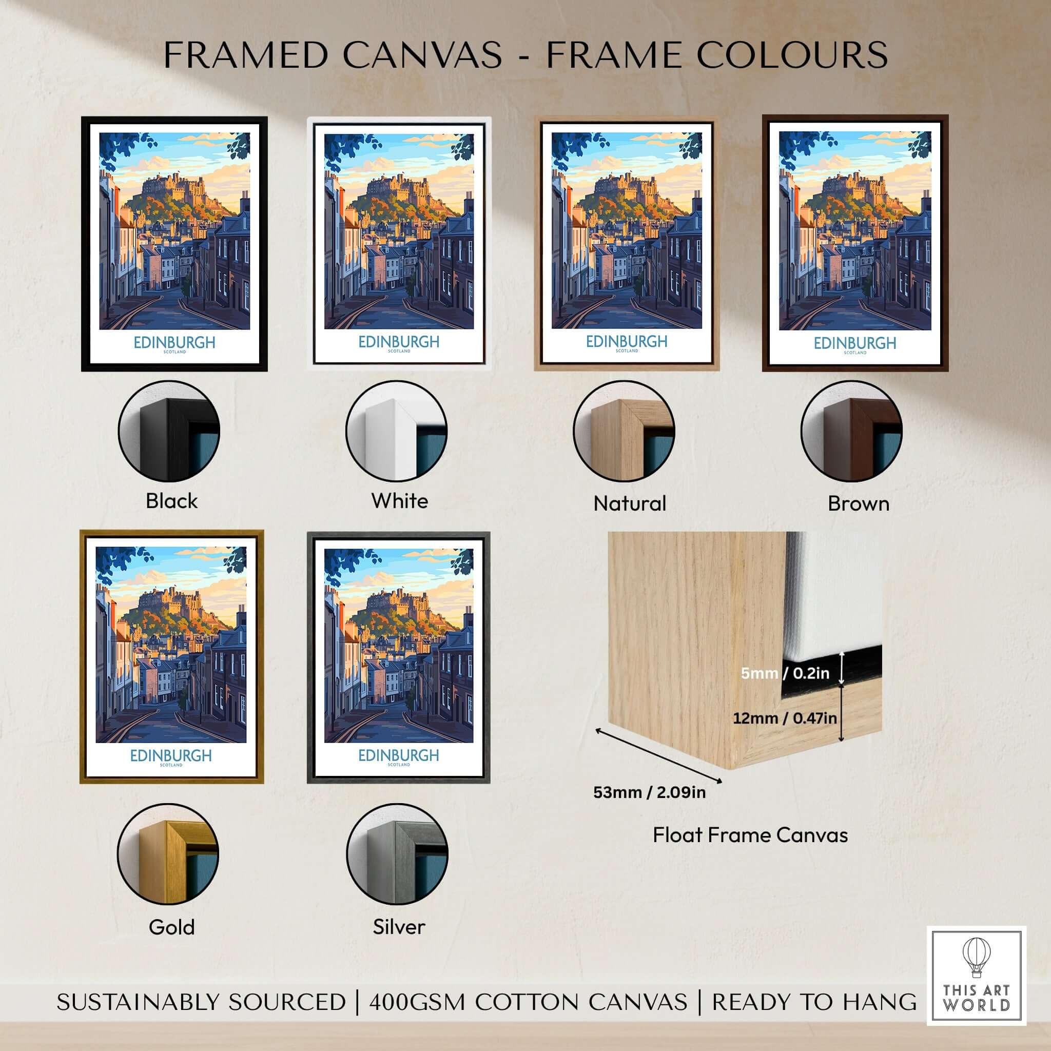 Framed Edinburgh Wall Art Print available in black, white, natural, brown, gold, and silver frame options.