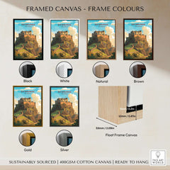 Edinburgh Poster Print framed canvas options in various colors including black, white, natural, brown, gold, and silver.