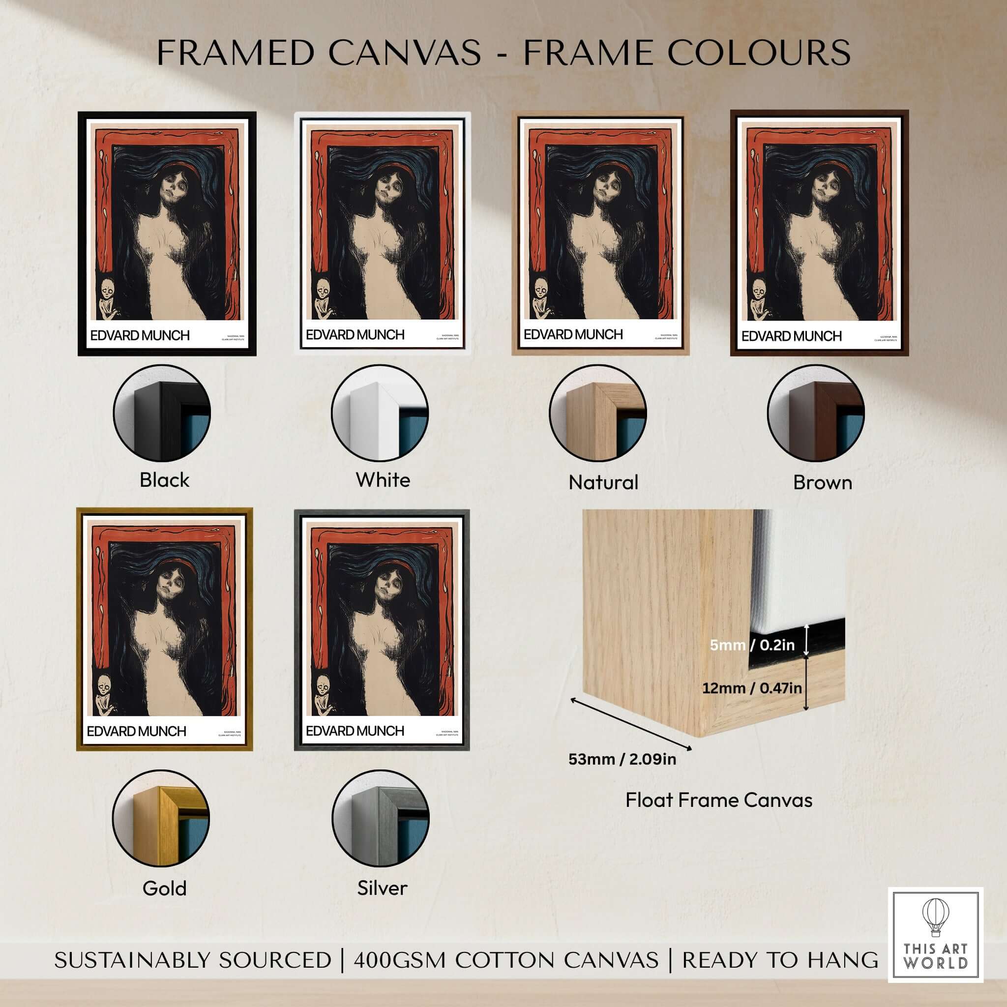 Framed canvas options for Edvard Munch Art Print - Madonna 1895 Color Lithograph Symbolist Poster in various colors.