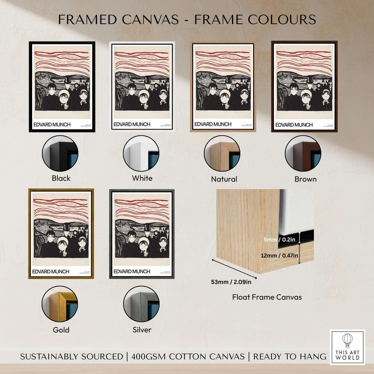 Framed canvas options for Edvard Munch Art Print - Anxiety 1896 Expressionist Lithograph MoMA Poster.