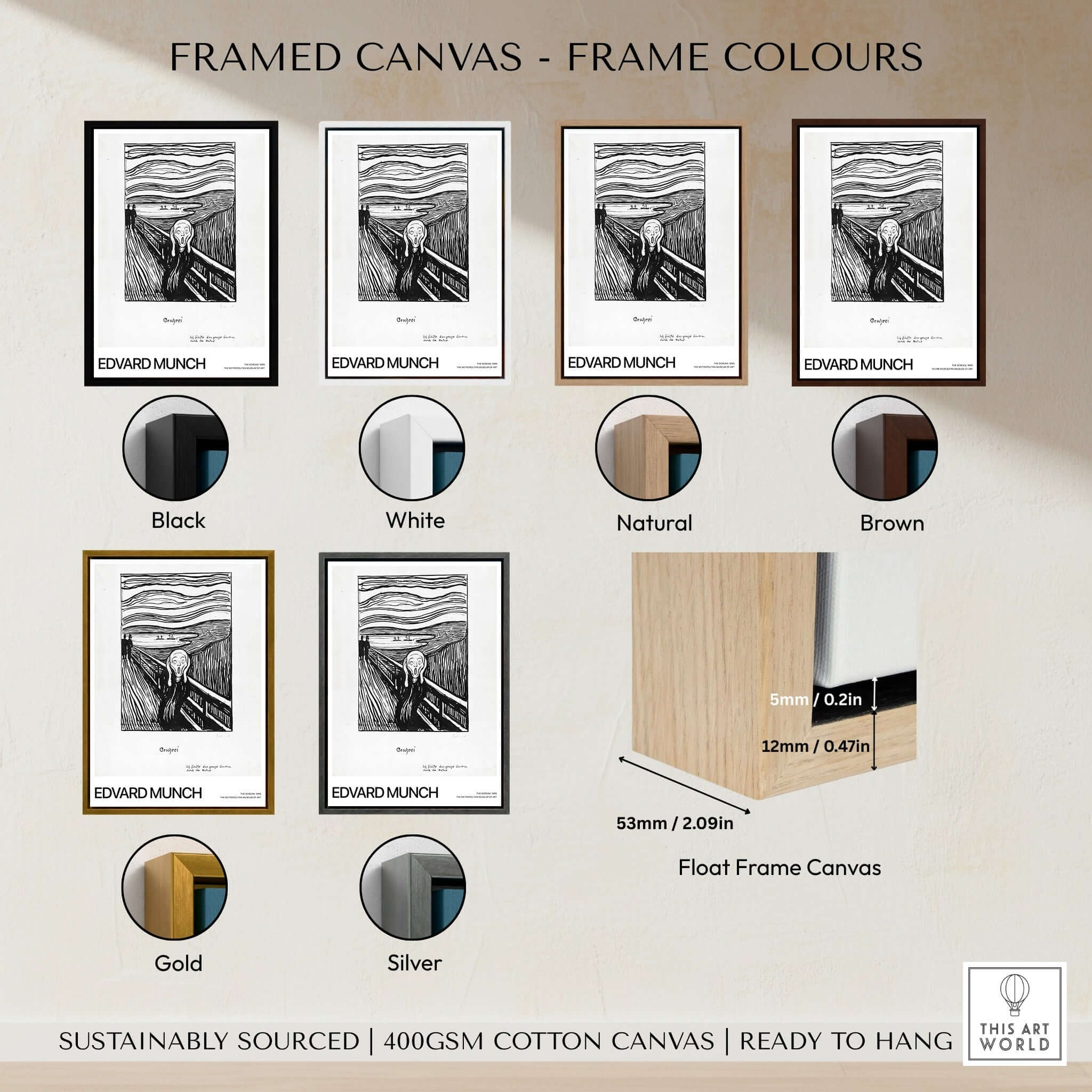 Framed canvas color options for Edvard Munch The Scream 1895 Lithograph Art Print Expressionist Poster.