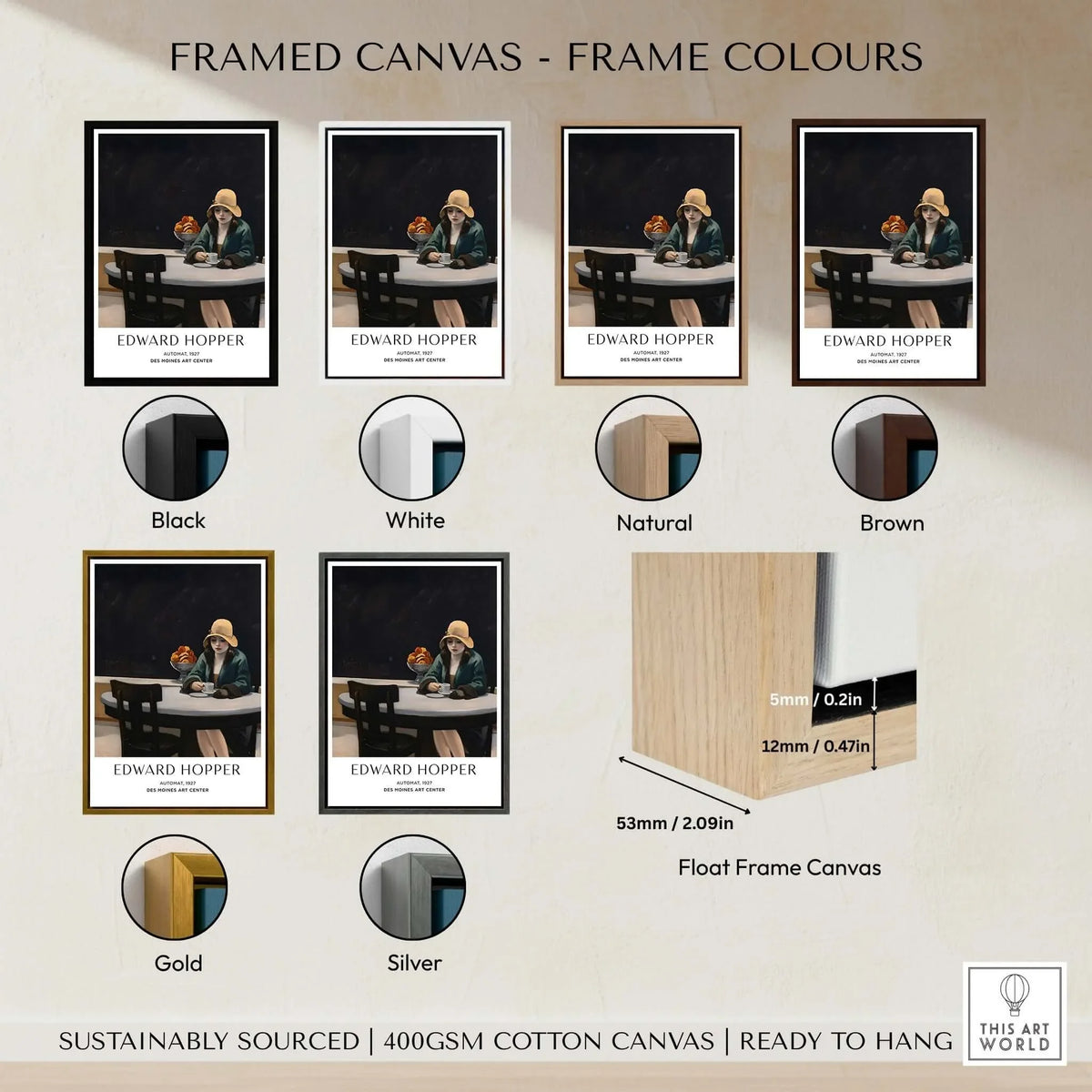 Edward Hopper Automat 1927 Des Moines Art Center Poster Print framed color options including black, white, natural, brown, gold, and silver.