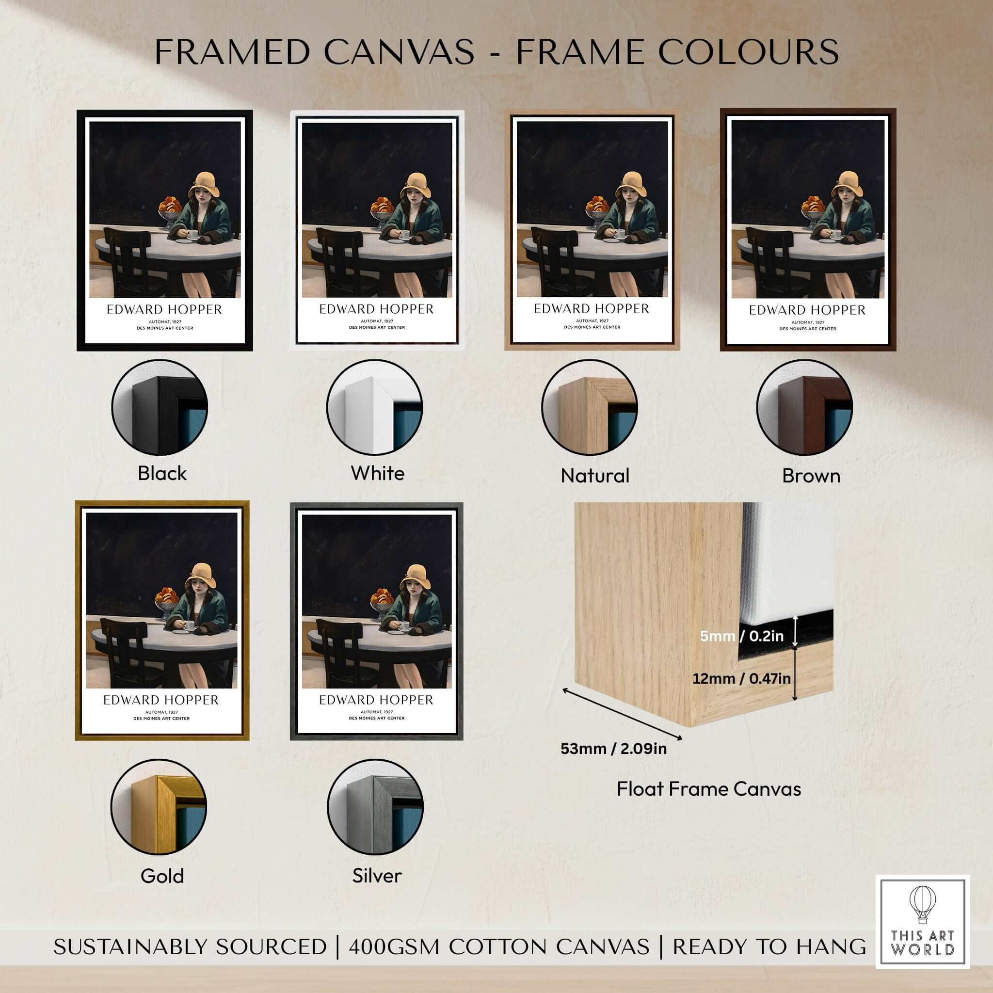 Edward Hopper Automat 1927 Des Moines Art Center Poster Print framed color options including black, white, natural, brown, gold, and silver.