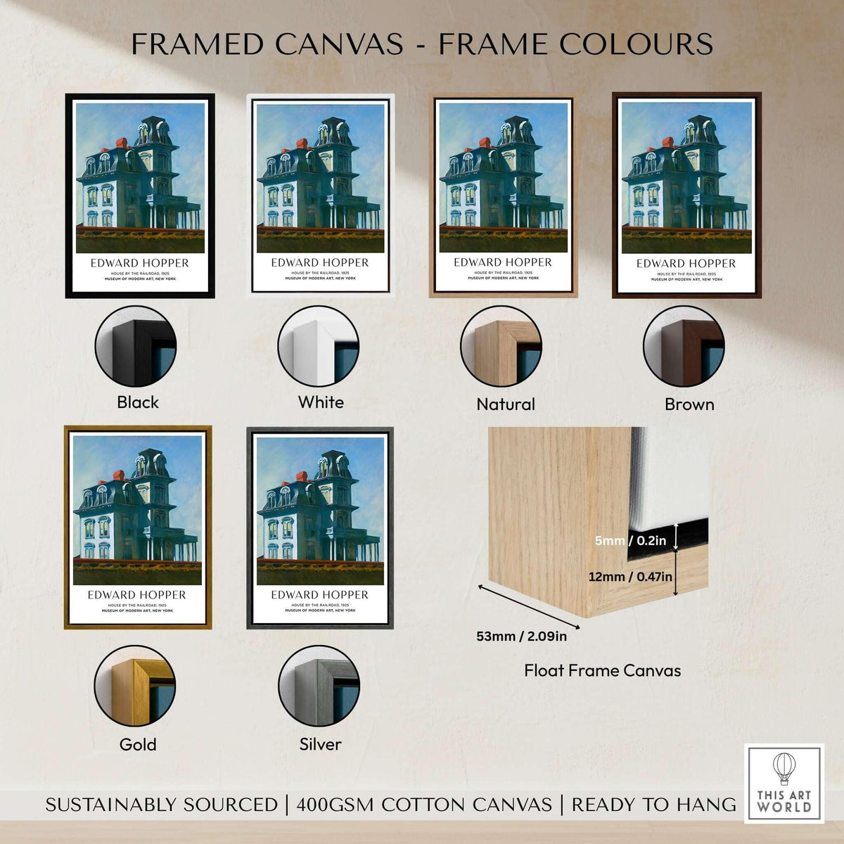 Framed canvas colors for Edward Hopper House by the Railroad 1925 MoMA Art Print Poster, showcasing different frame styles.