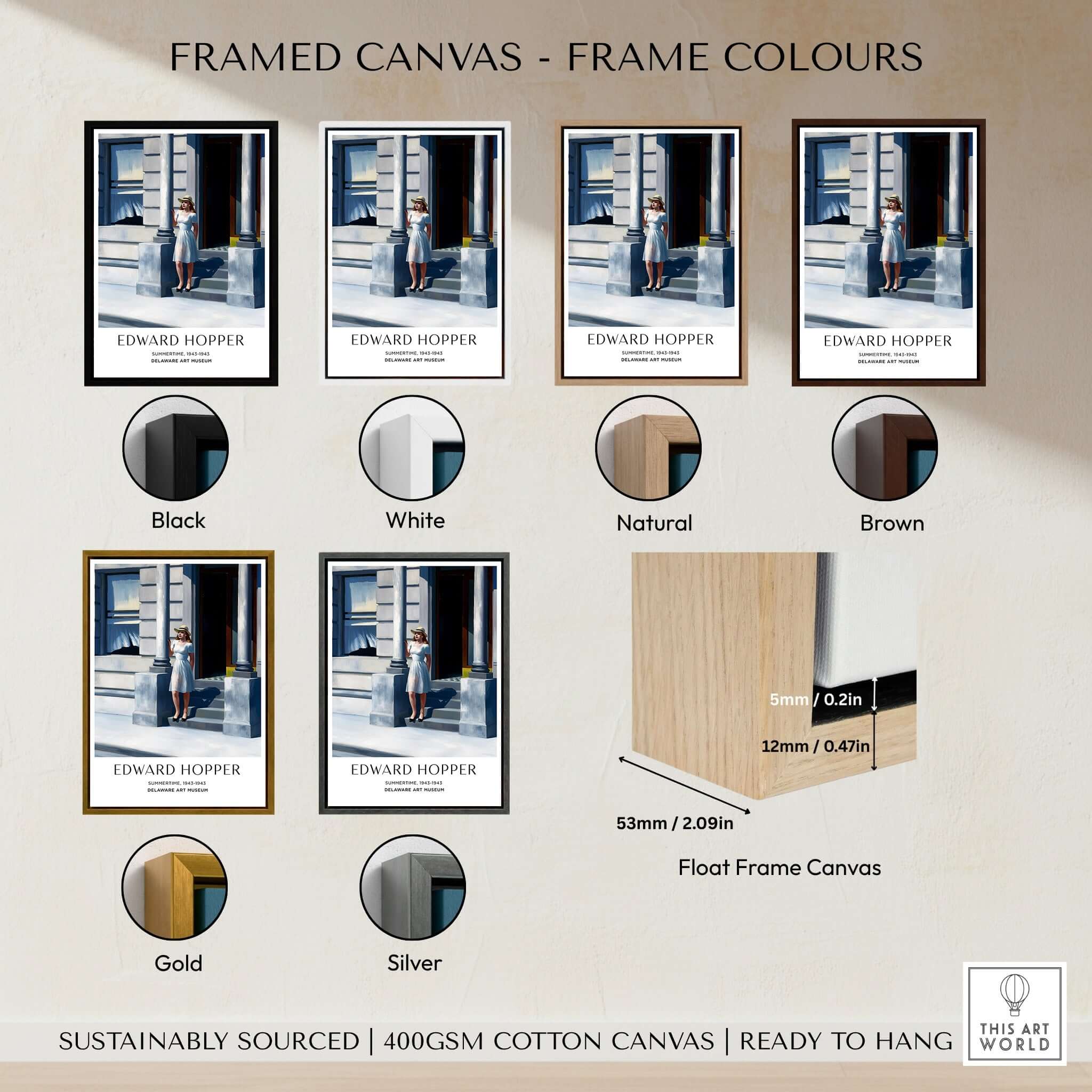 Framed canvas options for Edward Hopper Summertime 1943 Delaware Art Museum Art Print in various colors.