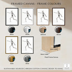 Framed canvas colors options showcasing anatomical art prints featuring human skeleton illustrations.