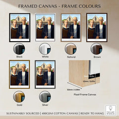 Exhibition Art Print American Gothic Grant Wood Famous Painting Wall Art Poster in various frame colors including black, white, natural, brown, gold, and silver.
