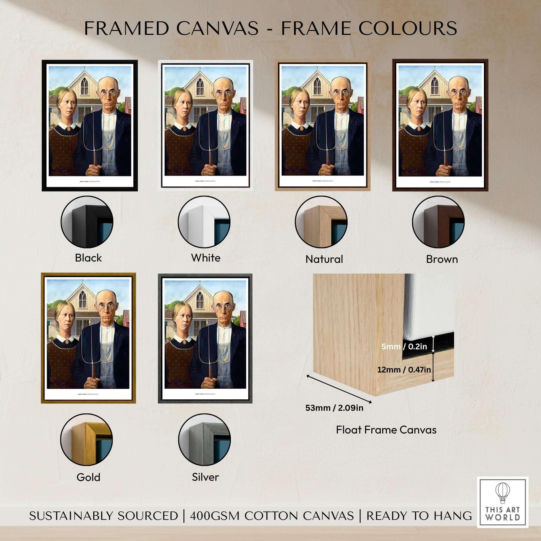 Exhibition Art Print American Gothic Grant Wood Famous Painting Wall Art Poster in various frame colors including black, white, natural, brown, gold, and silver.