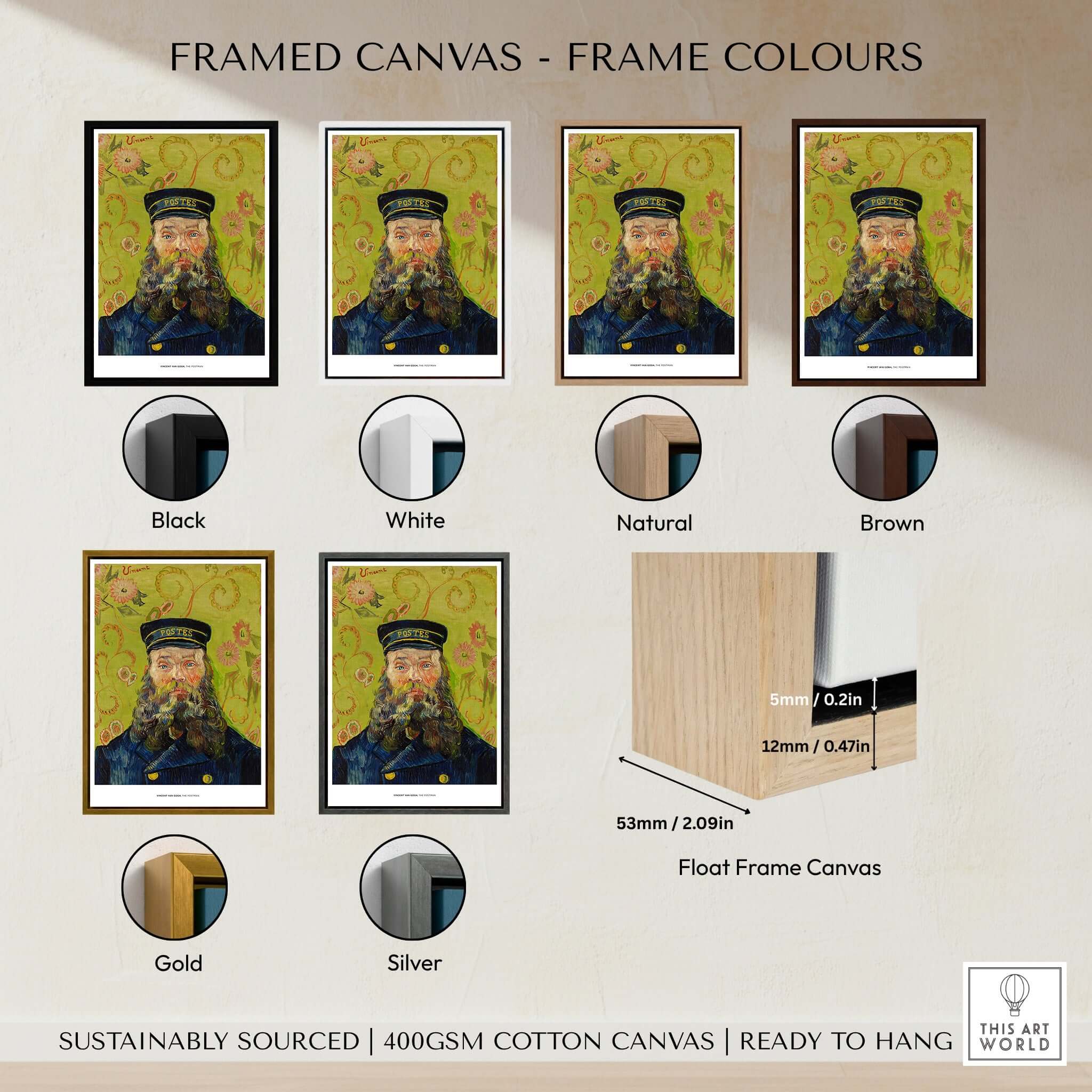 Framed canvas options for Exhibition Art Print Vincent van Gogh The Postman Famous Portrait Wall Art Poster.