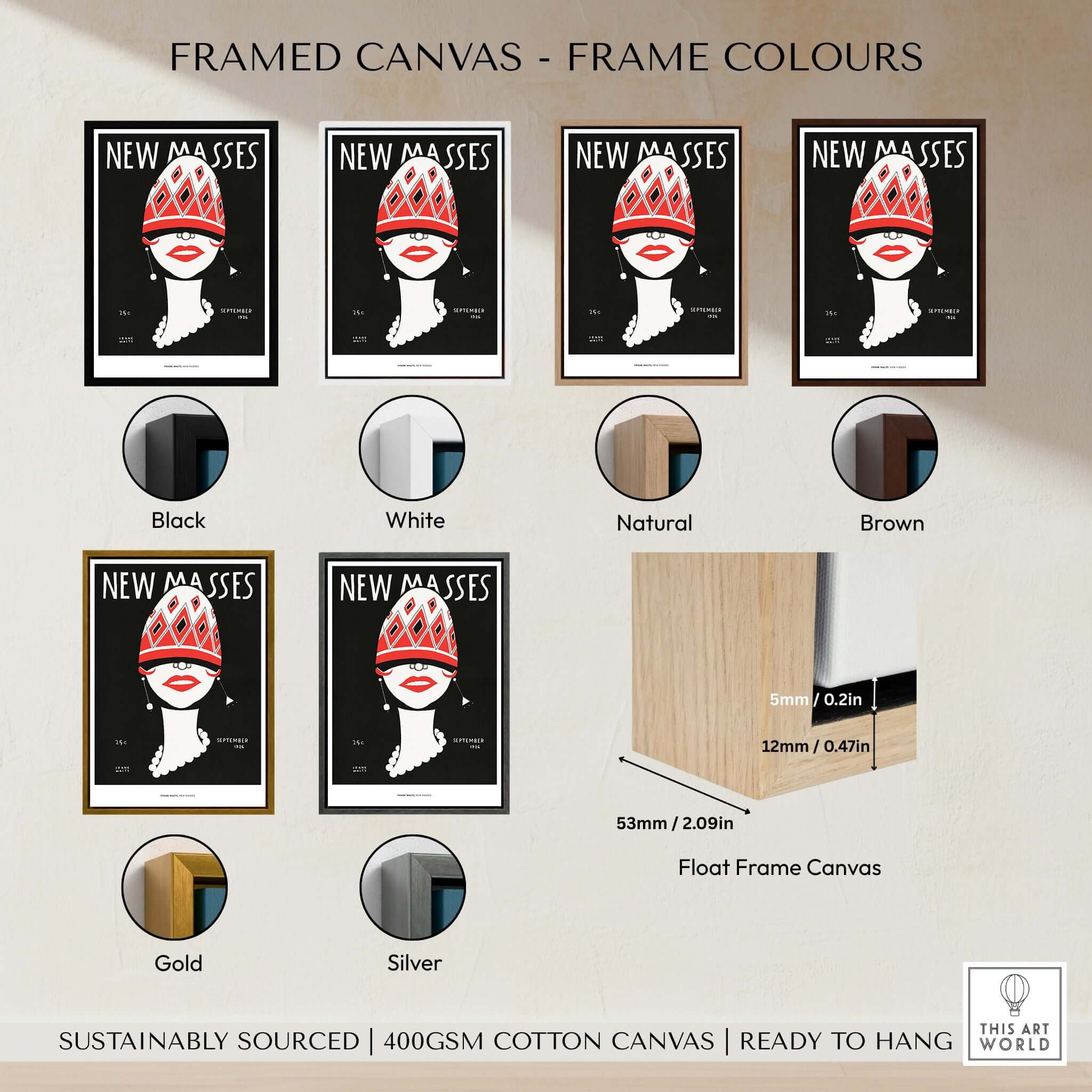 Framed canvas options for New Masses Frank Walts Art Deco Magazine Cover Poster Wall Art Print in various colors.