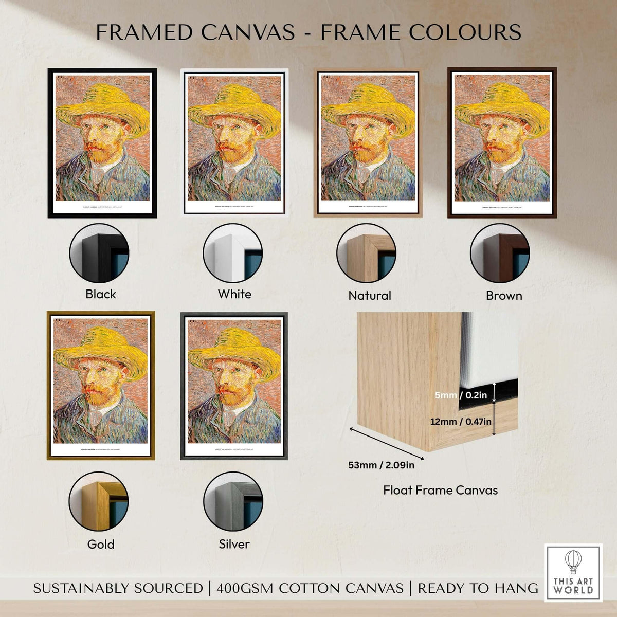 Vincent van Gogh Self Portrait Straw Hat Post-Impressionist Art Print Poster framed in various colors