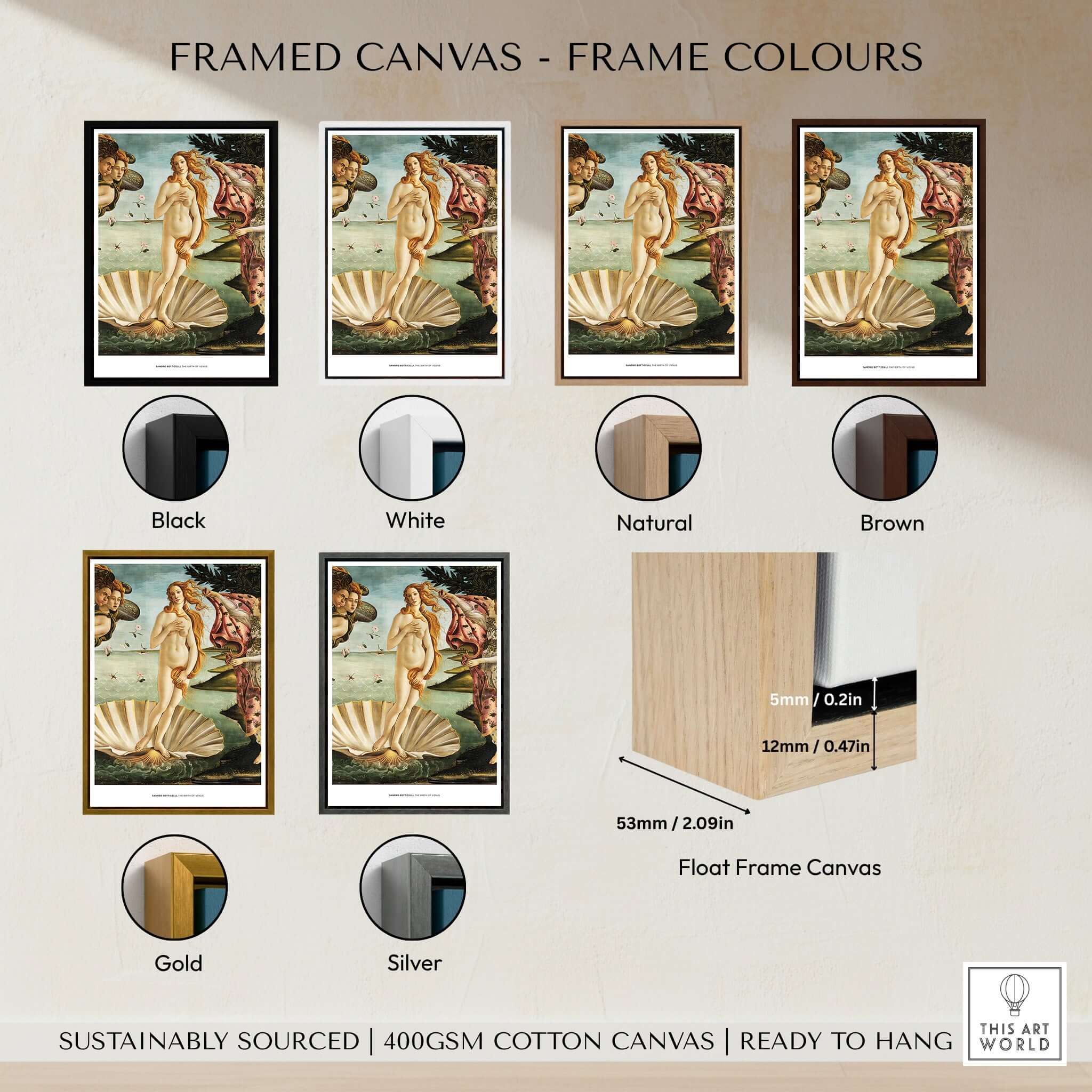 Framed canvas color options for The Birth of Venus Art Print Sandro Botticelli Mythology Poster including black, white, natural, brown, gold, and silver.