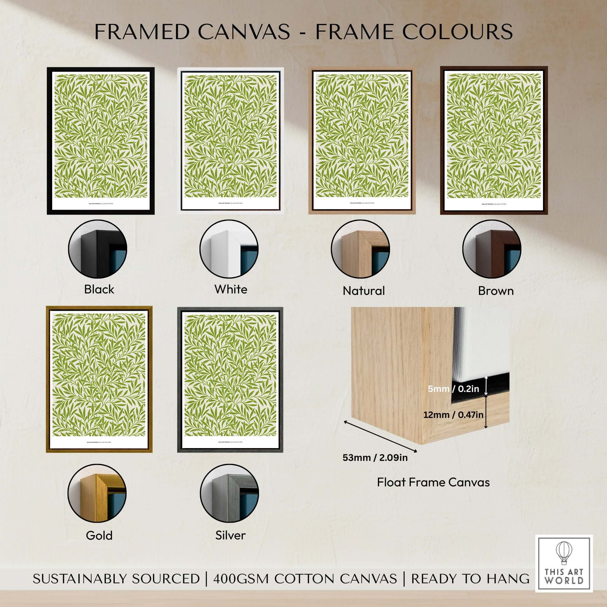 Framed canvas options showcasing William Morris Willow Pattern Green Botanical Wall Art in various frame colors.