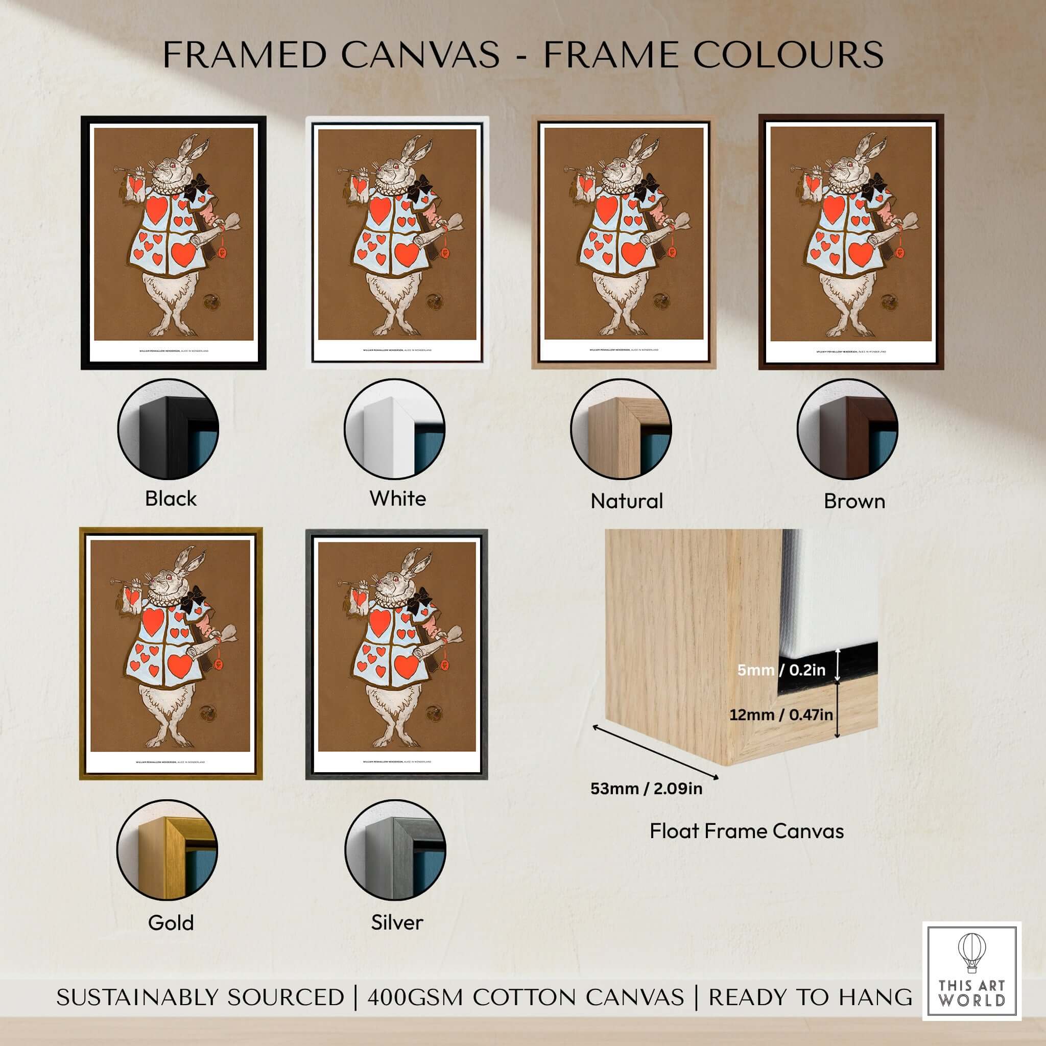 Exhibition Art Print William Henderson White Rabbit Alice in Wonderland Vintage Poster displayed in various frame colors.