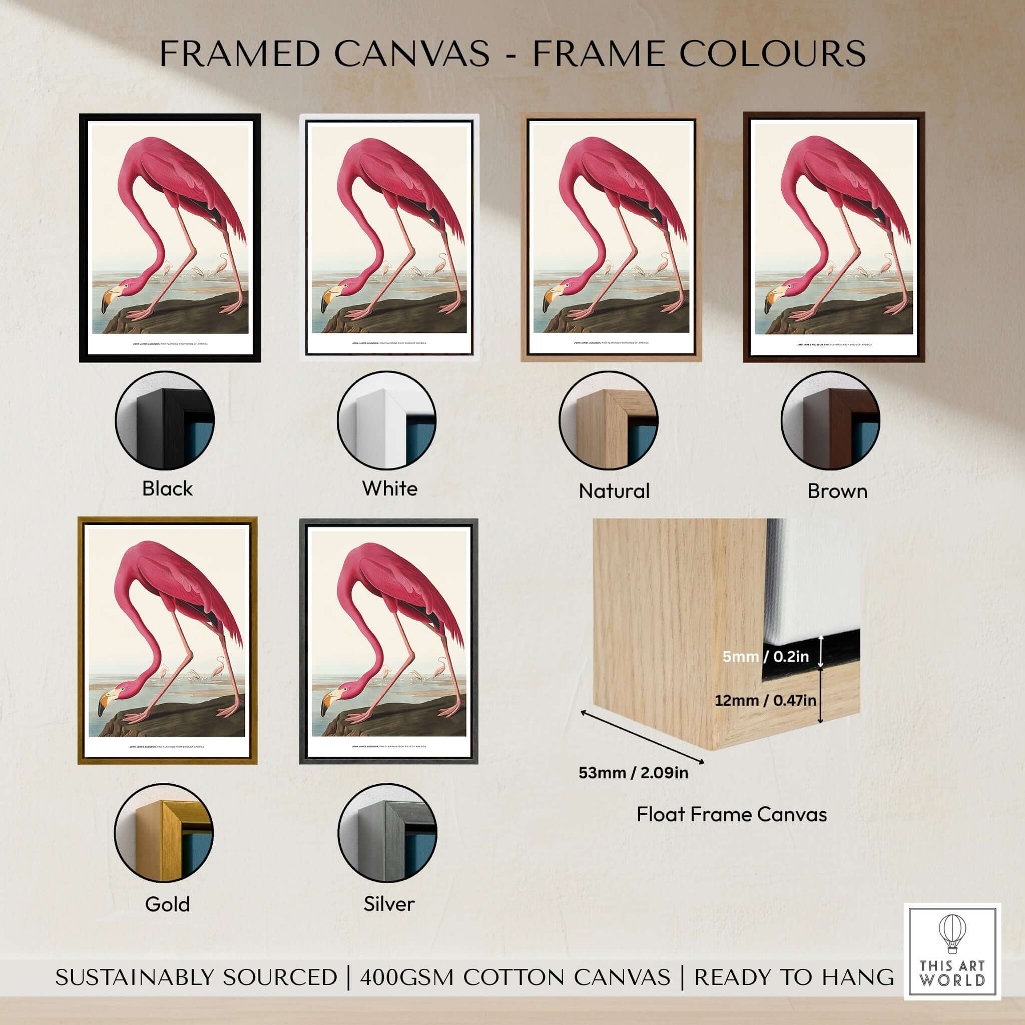 Framed canvas color options for Exhibition Art Print Pink Flamingo Birds of America Vintage Bird Poster - John James Audubon
