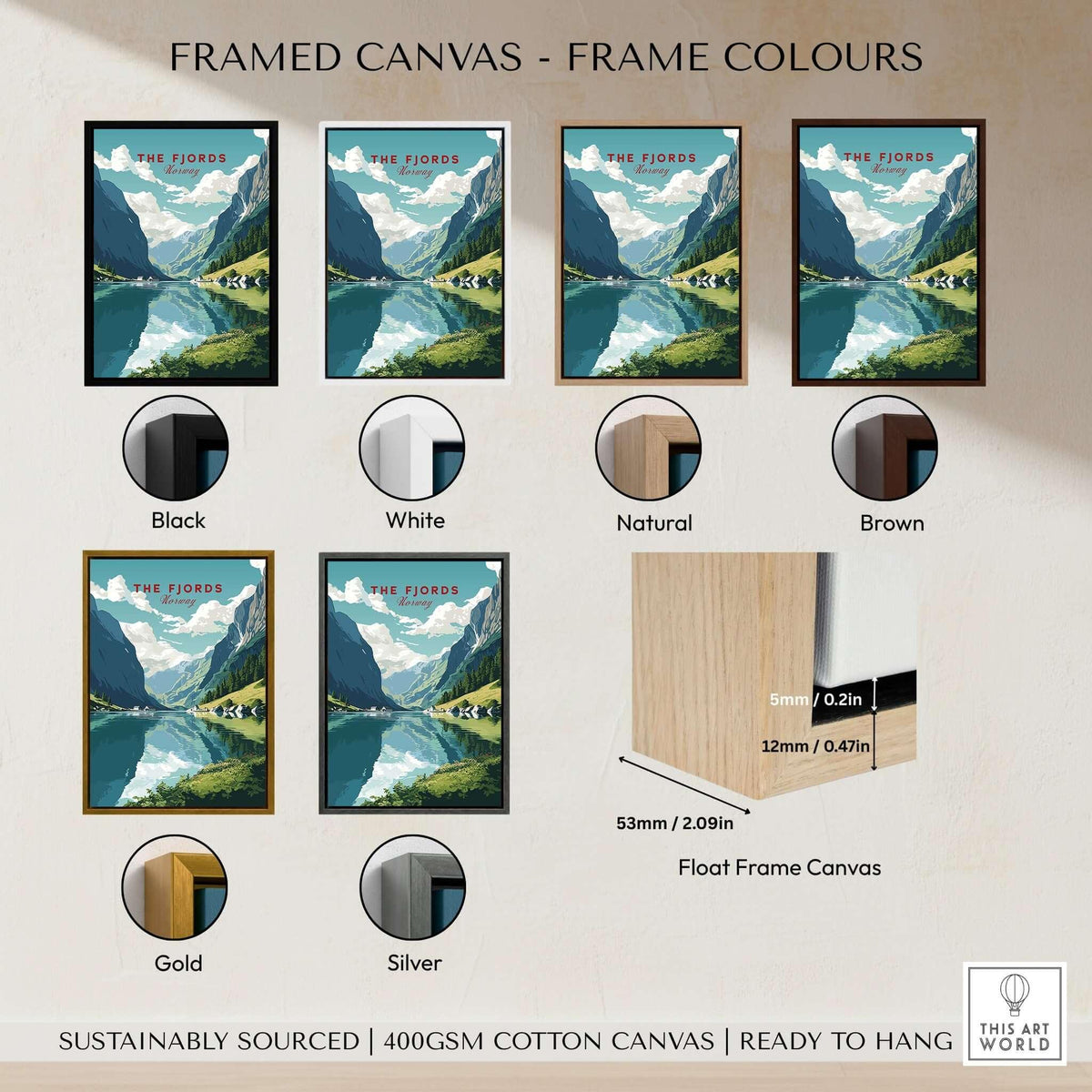 Norway Fjords Travel Poster displayed in various frame colors: black, white, natural, brown, gold, and silver.