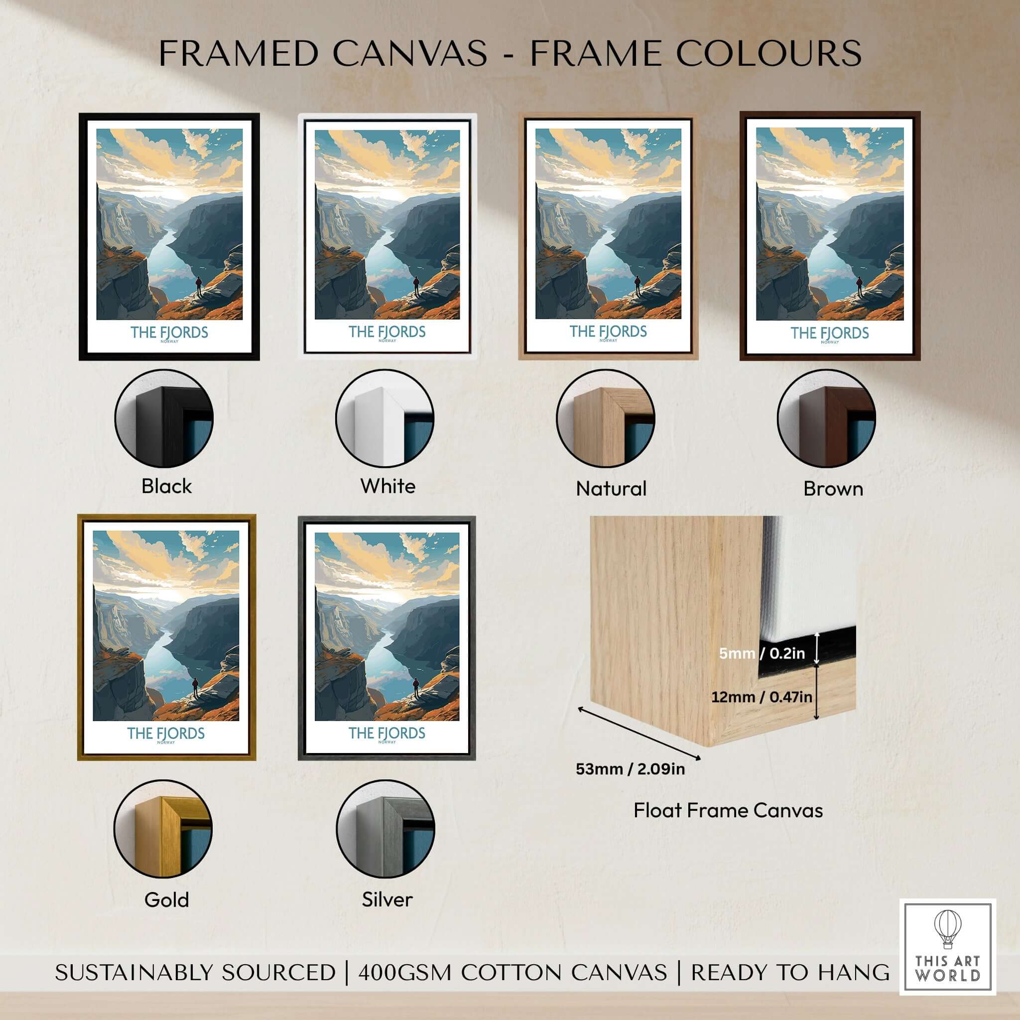 Fjords Wall Art | Modern Style framed canvas options in various colors including black, white, natural, brown, gold, and silver.
