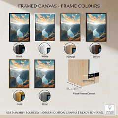 Framed canvas color options for Fjord Wall Art Print - Norway including black, white, natural, brown, gold, and silver.