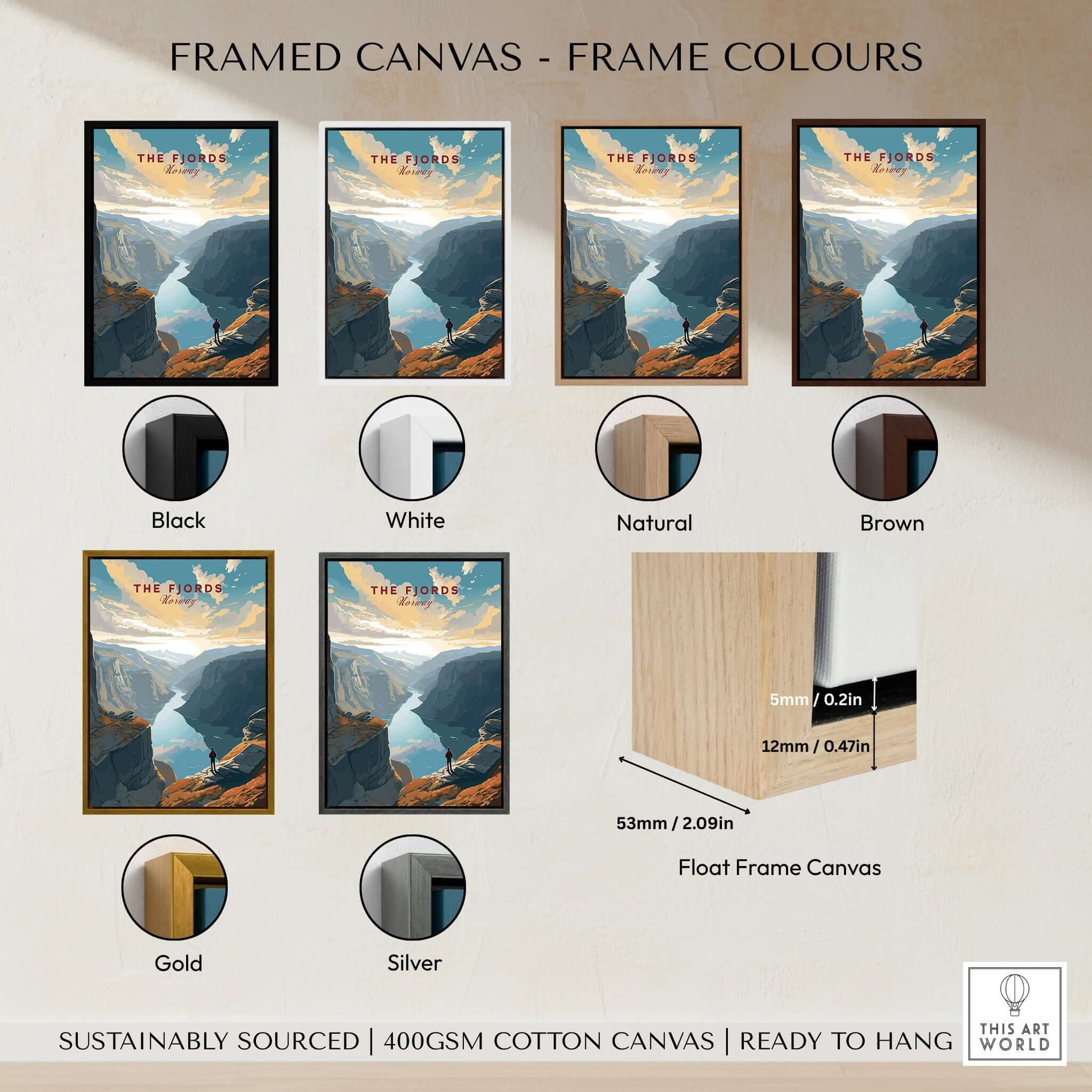 Framed canvas color options for Fjord Wall Art Print - Norway including black, white, natural, brown, gold, and silver.
