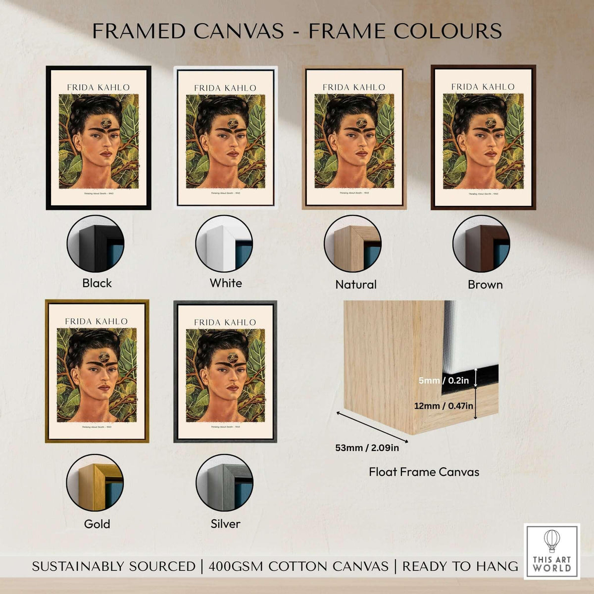 Frida Kahlo Thinking About Death Self Portrait Wall Art Print Poster framed canvas colour options including black, white, natural, brown, gold, and silver.