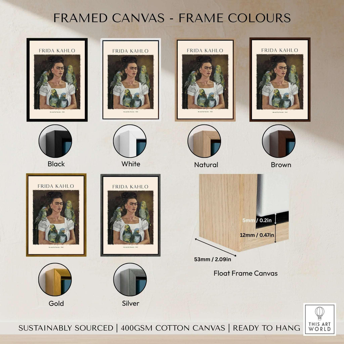 Frida Kahlo Me and My Parrots Self Portrait Art Print Poster Wall Art with various frame colors options shown.