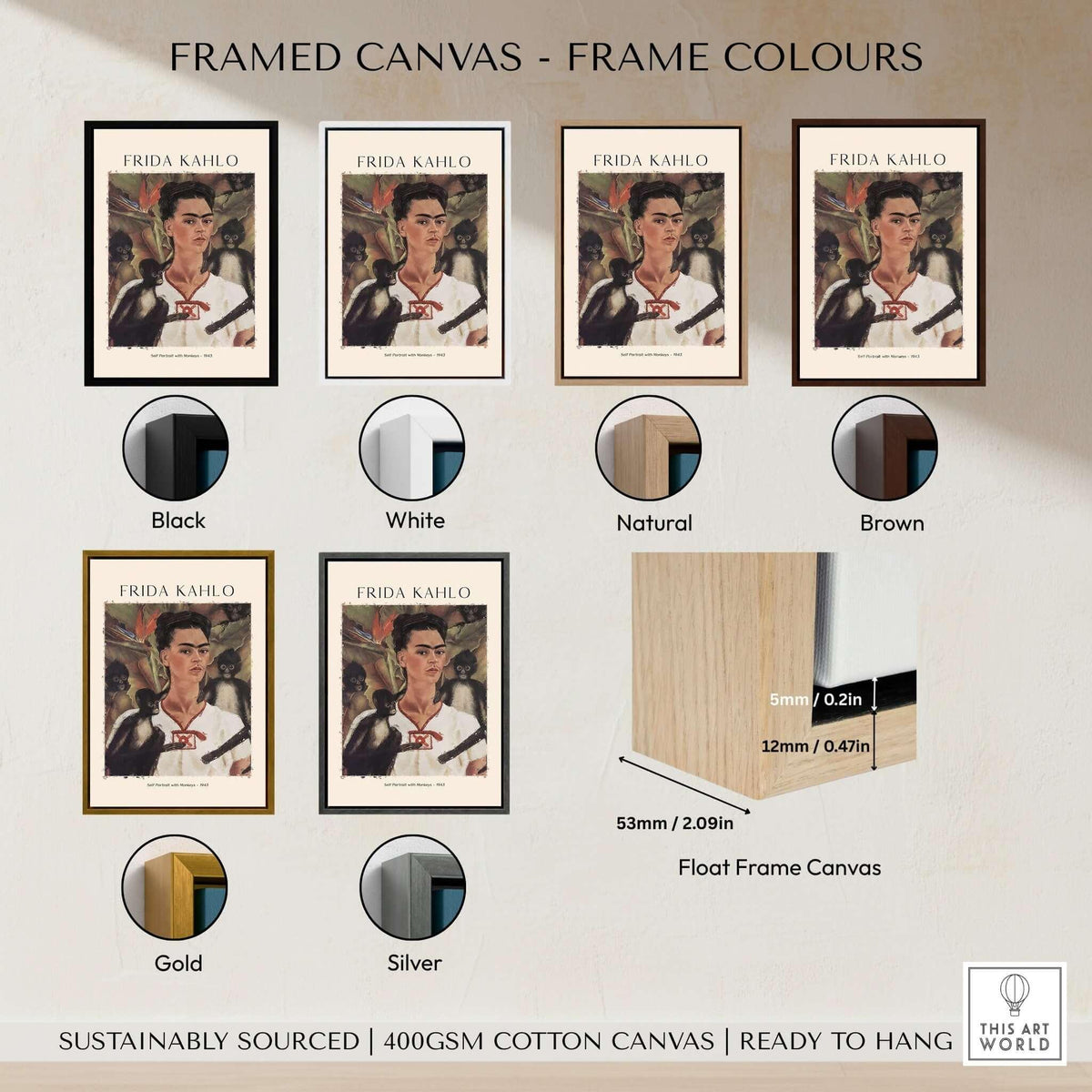 Frida Kahlo Self Portrait with Monkeys Famous Painting Poster Art Print framed in various colour options including black, white, gold.