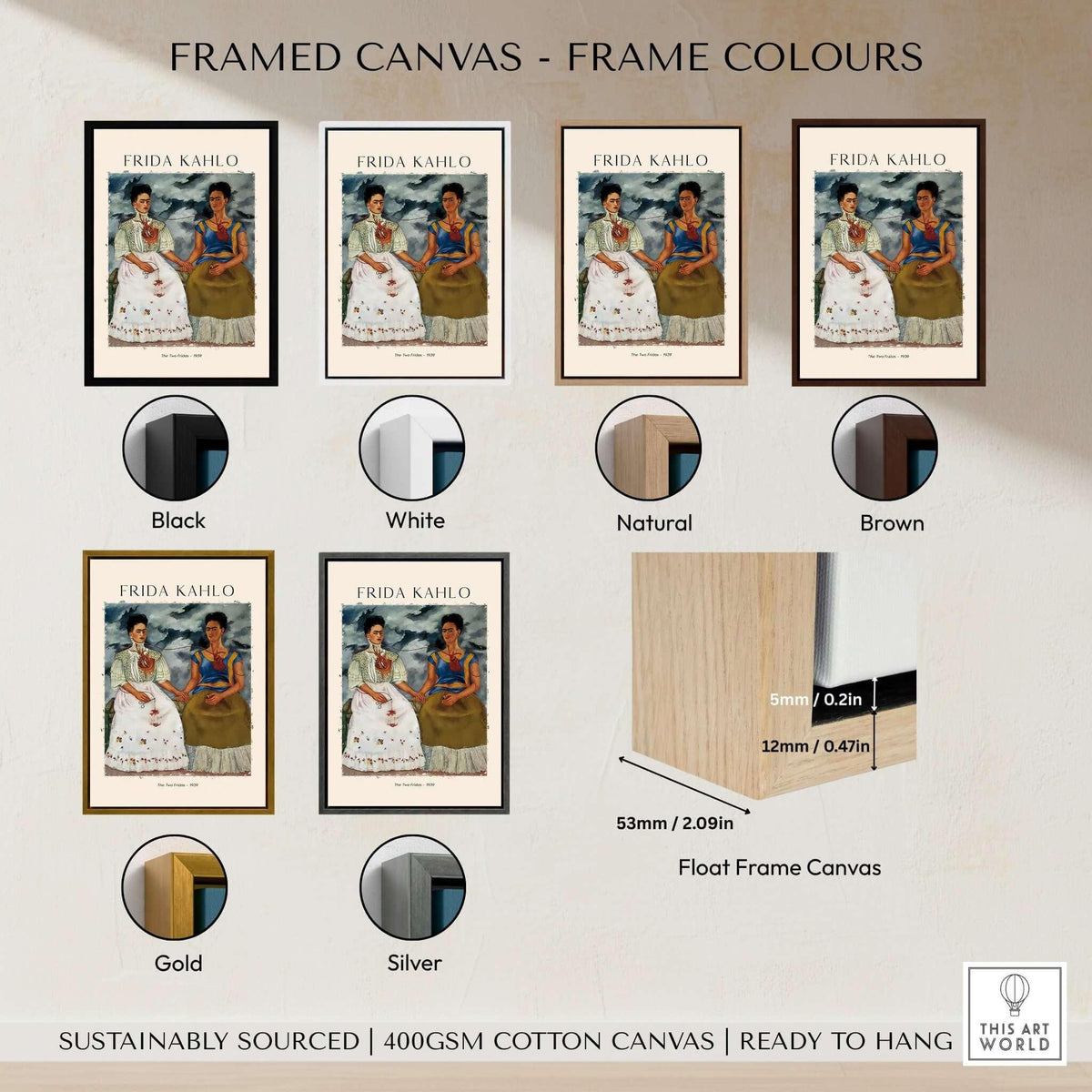 Frida Kahlo The Two Fridas Famous Art Print Poster Wall Art framed in different colors including black, white, natural, brown, gold, and silver.