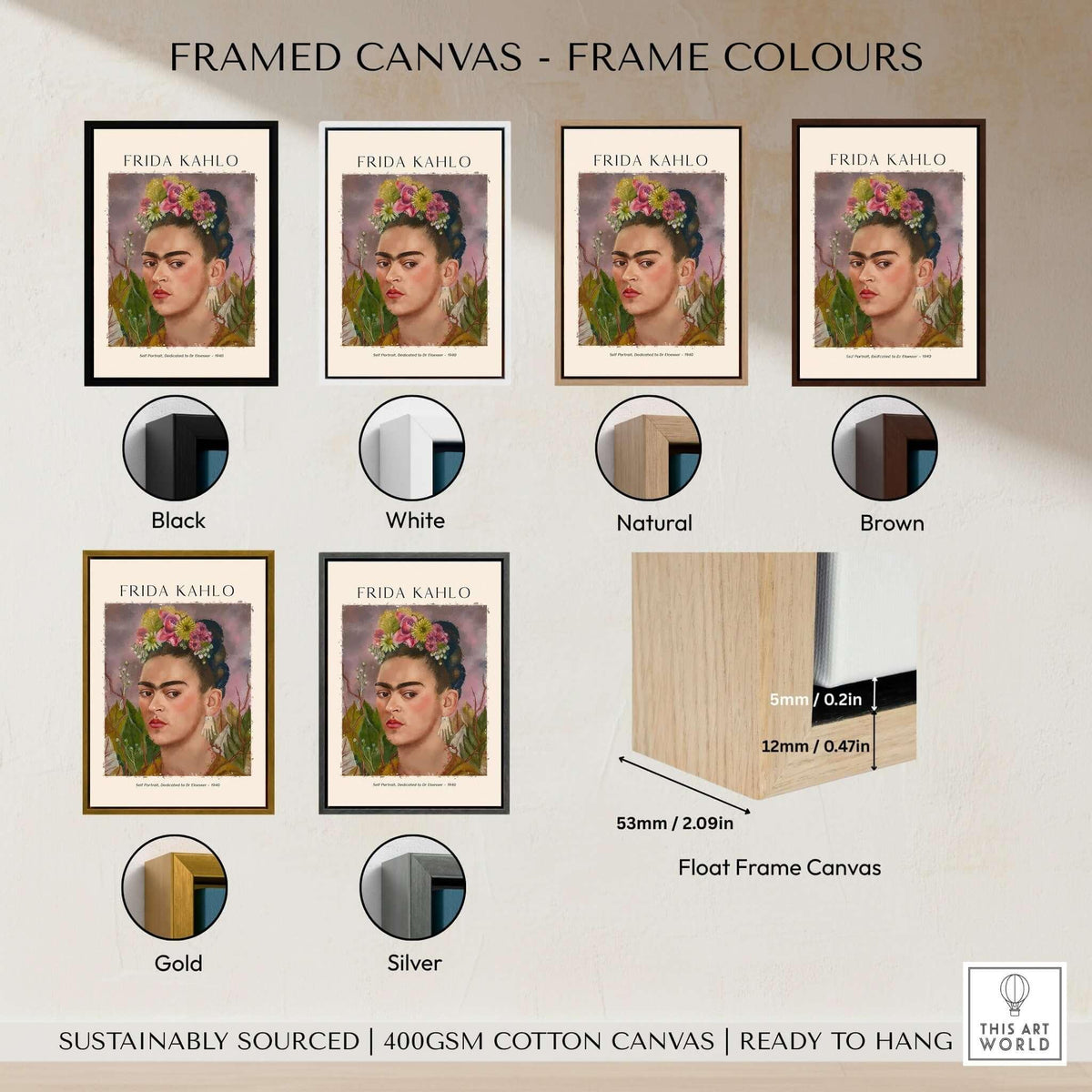 Frida Kahlo Self Portrait Dedicated Dr Eloesser Floral Poster Art Print framed in different color options with vivid details.