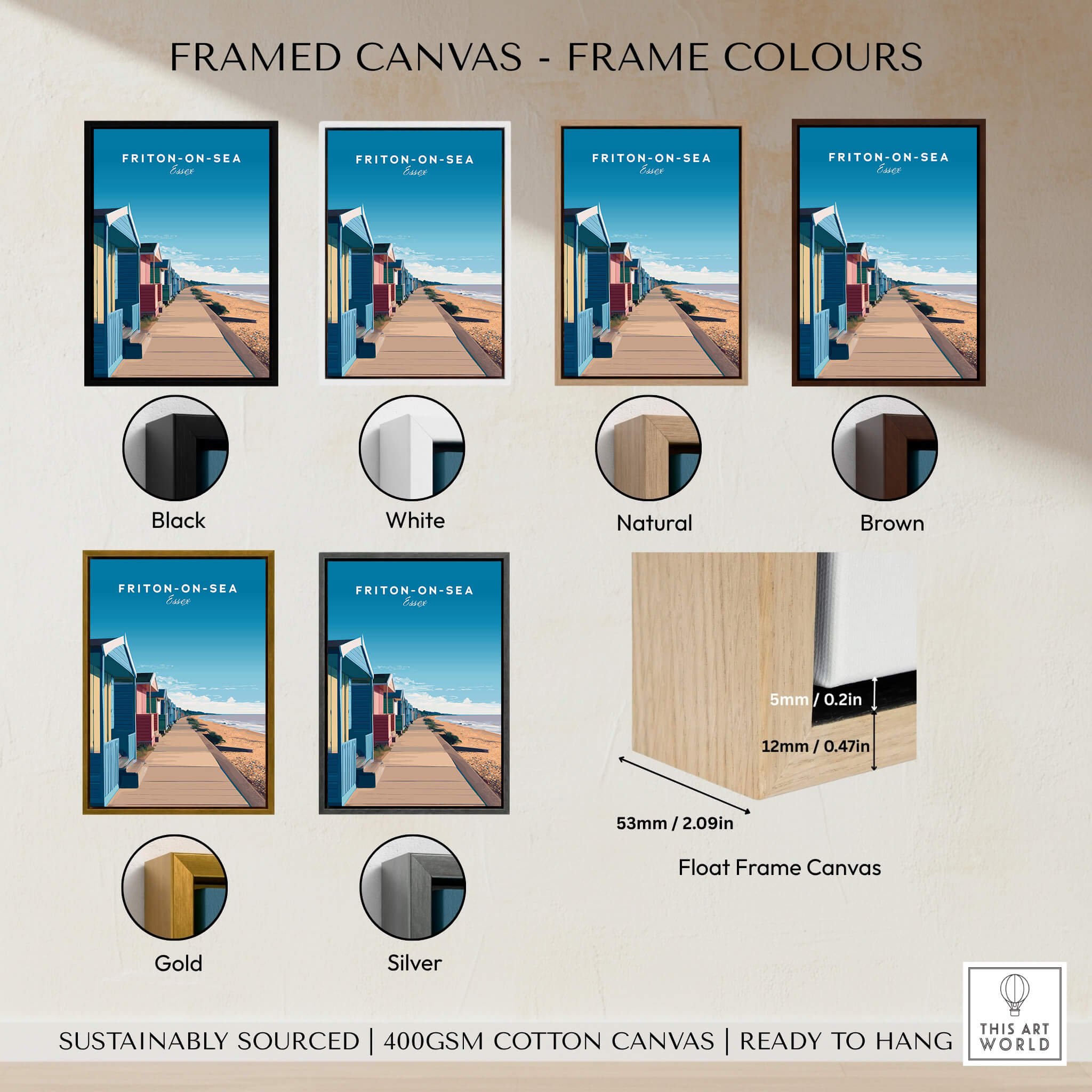 Frinton-on-Sea Travel Poster – Essex Coastline Beach Huts & Prom Art framed canvas color options for decor.