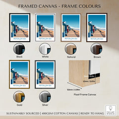 Frinton-on-Sea England Wall Art – Colorful Seaside Beach Hut Decor Print with frame color options displayed.