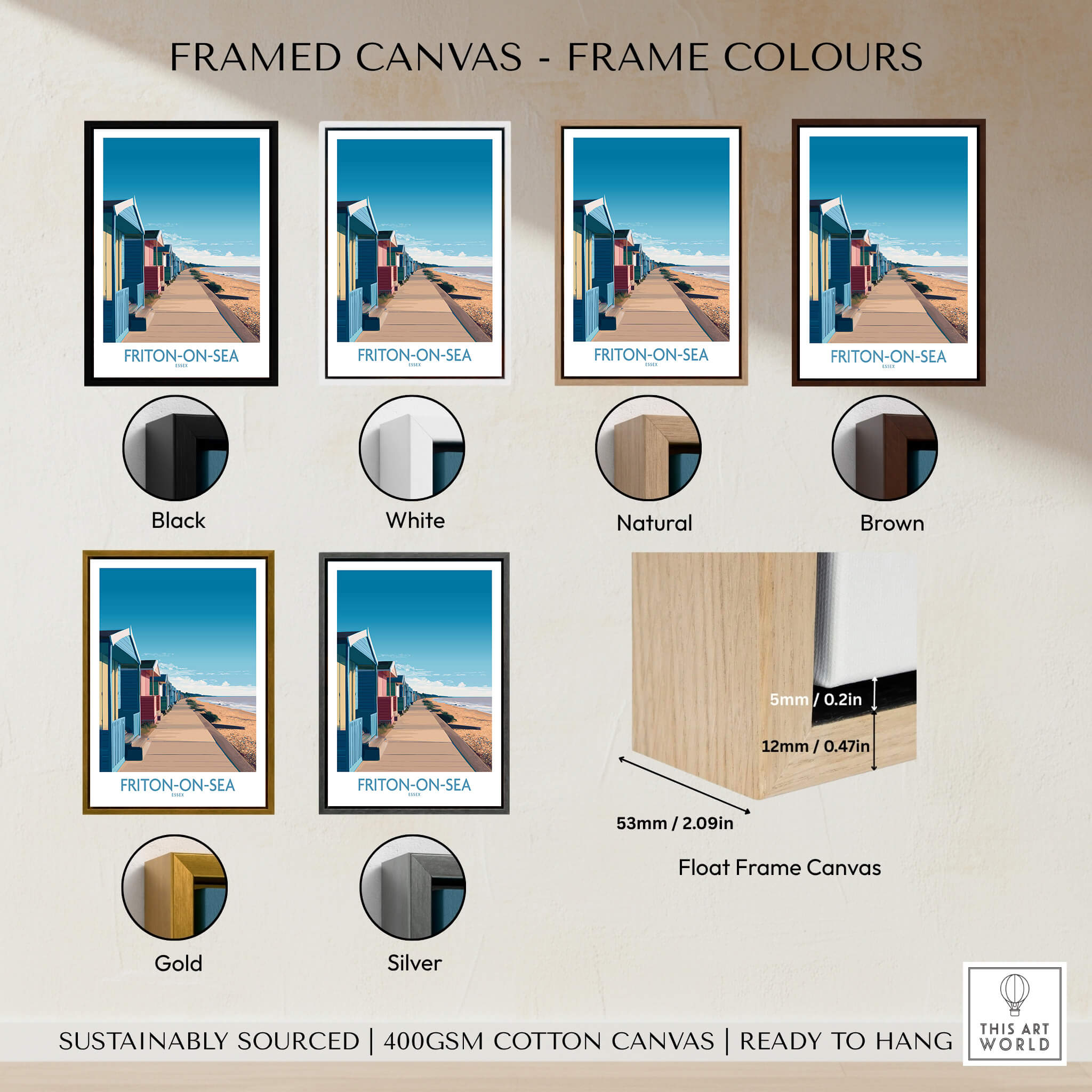 Frinton-on-Sea England Wall Art – Colorful Seaside Beach Hut Decor Print with frame color options displayed.